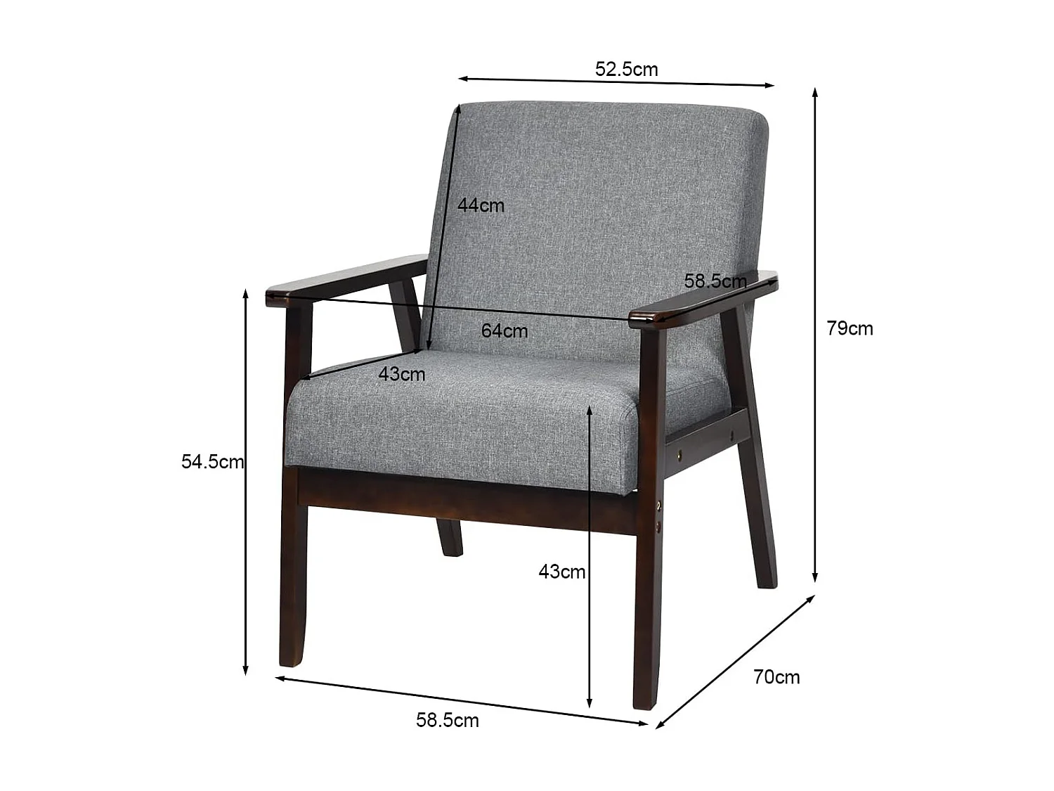 Fauteuil Salon/Chaise Rétro, Rembourrée Souple Cadre en Bois d'Hévéa,Surface en Tissu Lin, pour Salon, Bureau, Balcon Gris