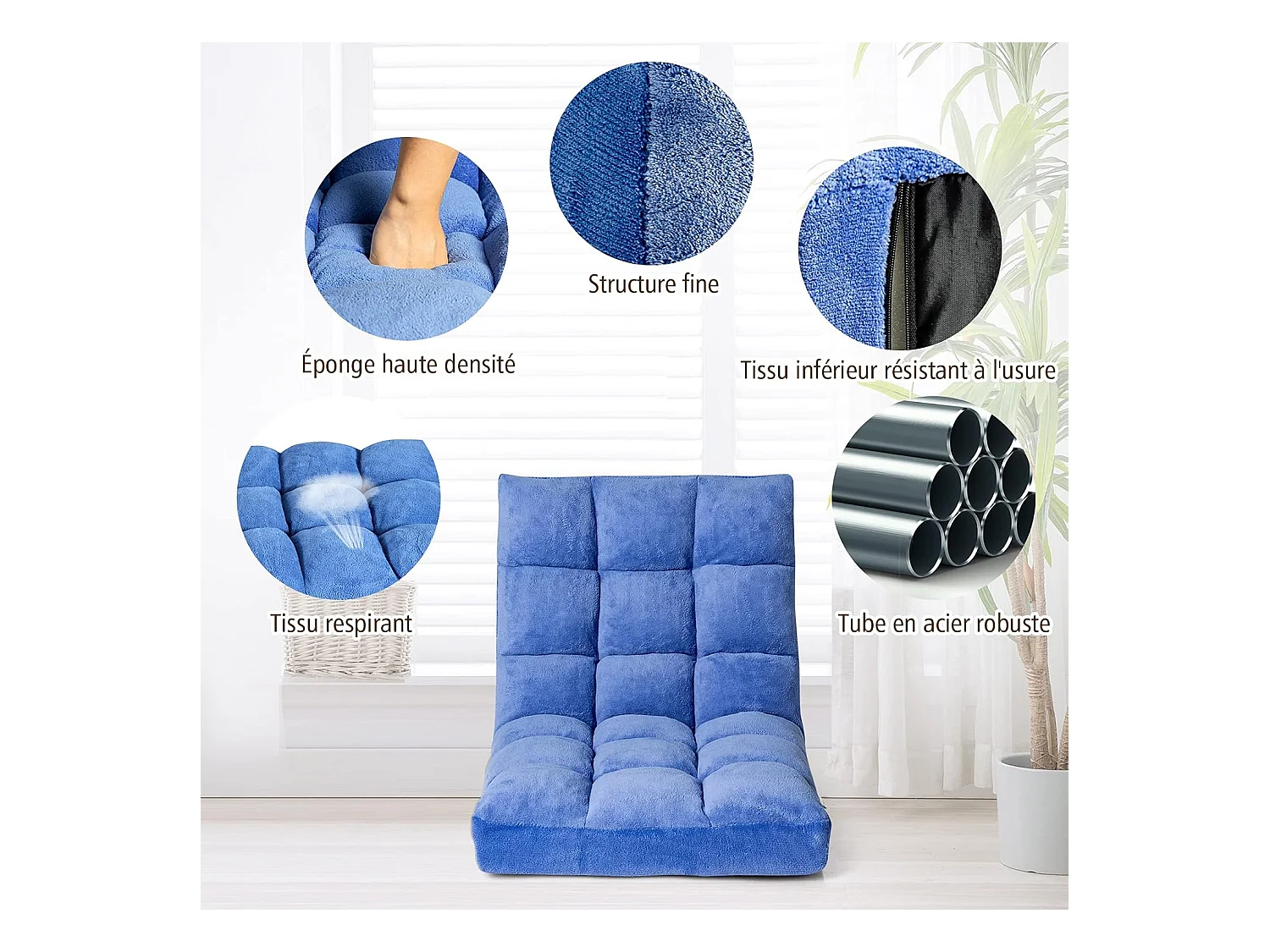 Canapé Paresseux Tatami Pliable Chaise de Plancher Coussin de Chaise de Lit Siège de Sol pour Maison, Bureau 105 x 57 x 15 CM (Bleu)