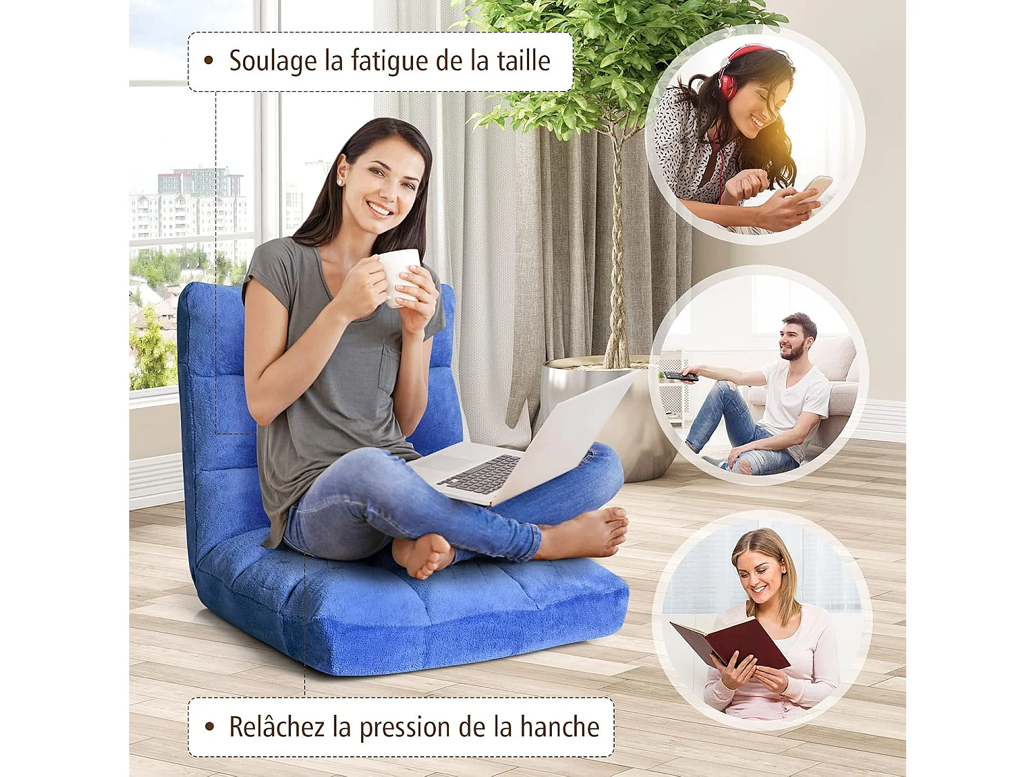 Canapé Paresseux Tatami Pliable Chaise de Plancher Coussin de Chaise de Lit Siège de Sol pour Maison, Bureau 105 x 57 x 15 CM (Bleu)