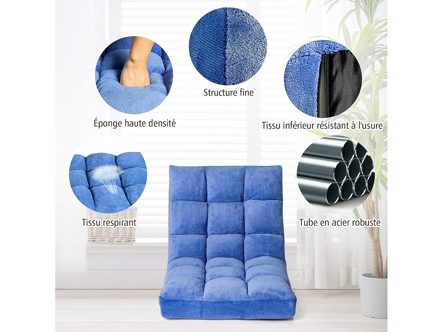 Canapé Paresseux Tatami Pliable Chaise de Plancher Coussin de Chaise de Lit Siège de Sol pour Maison, Bureau 105 x 57 x 15 CM (Bleu)