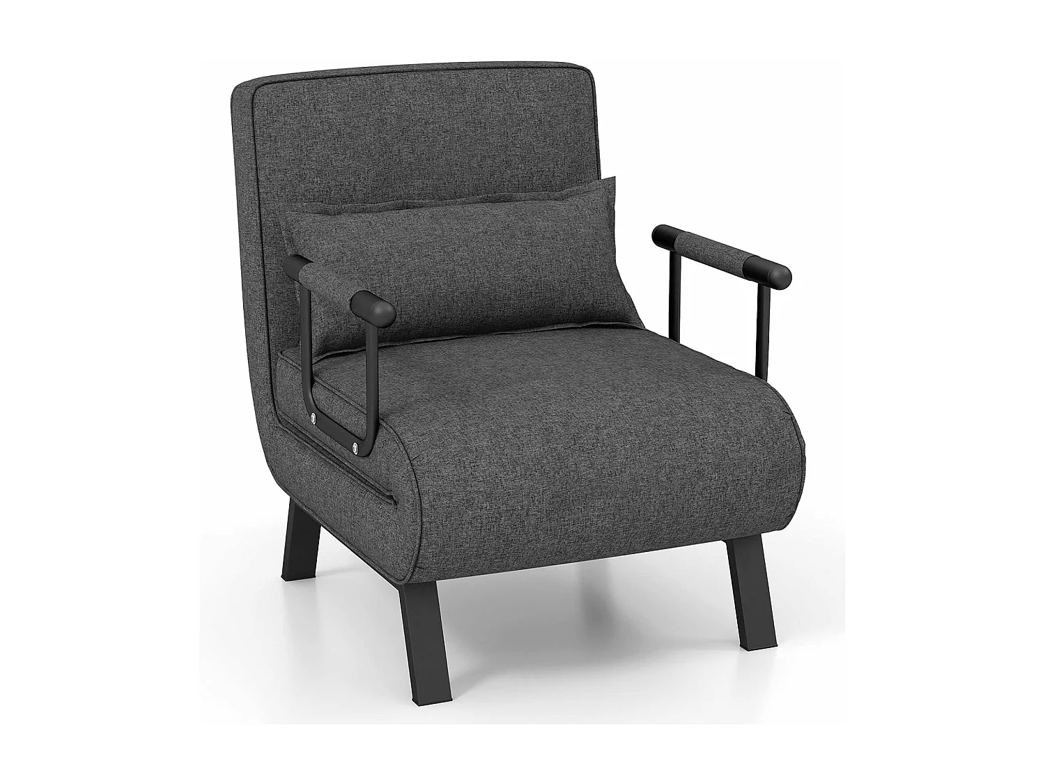Fauteuil Convertible à Lit 1 Place, Fauteuil de Salon 4-en-1, Dossier Réglable en 6 Positions avec Oreiller, iège Rembourré, Accoudoirs, Cadre Métal, Canapé-Lit Pliant, Gris Foncé