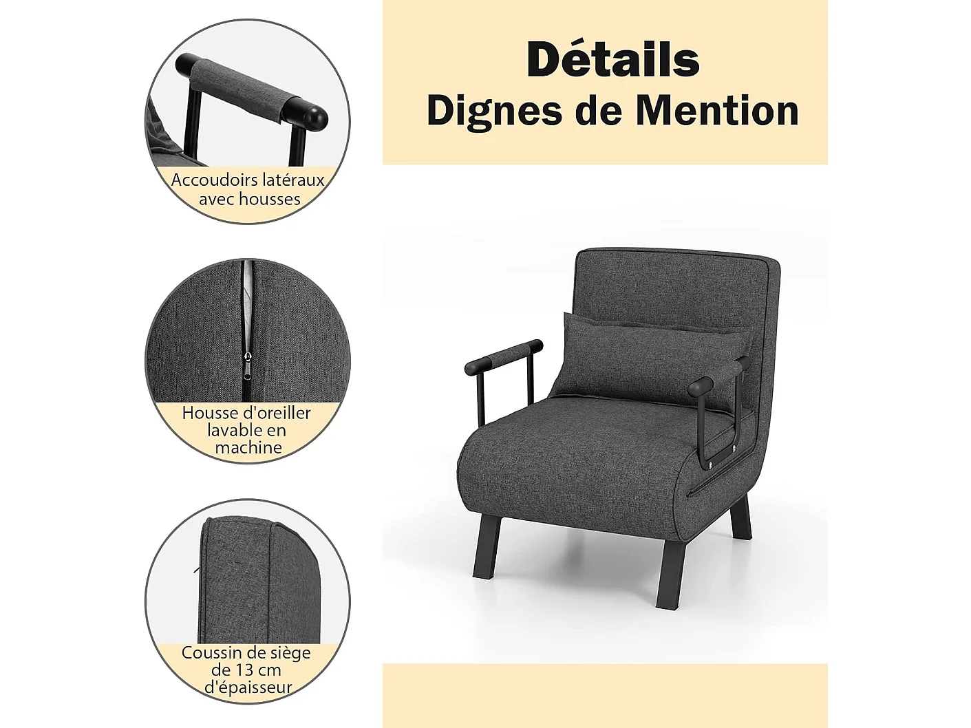 Fauteuil Convertible à Lit 1 Place, Fauteuil de Salon 4-en-1, Dossier Réglable en 6 Positions avec Oreiller, iège Rembourré, Accoudoirs, Cadre Métal, Canapé-Lit Pliant, Gris Foncé