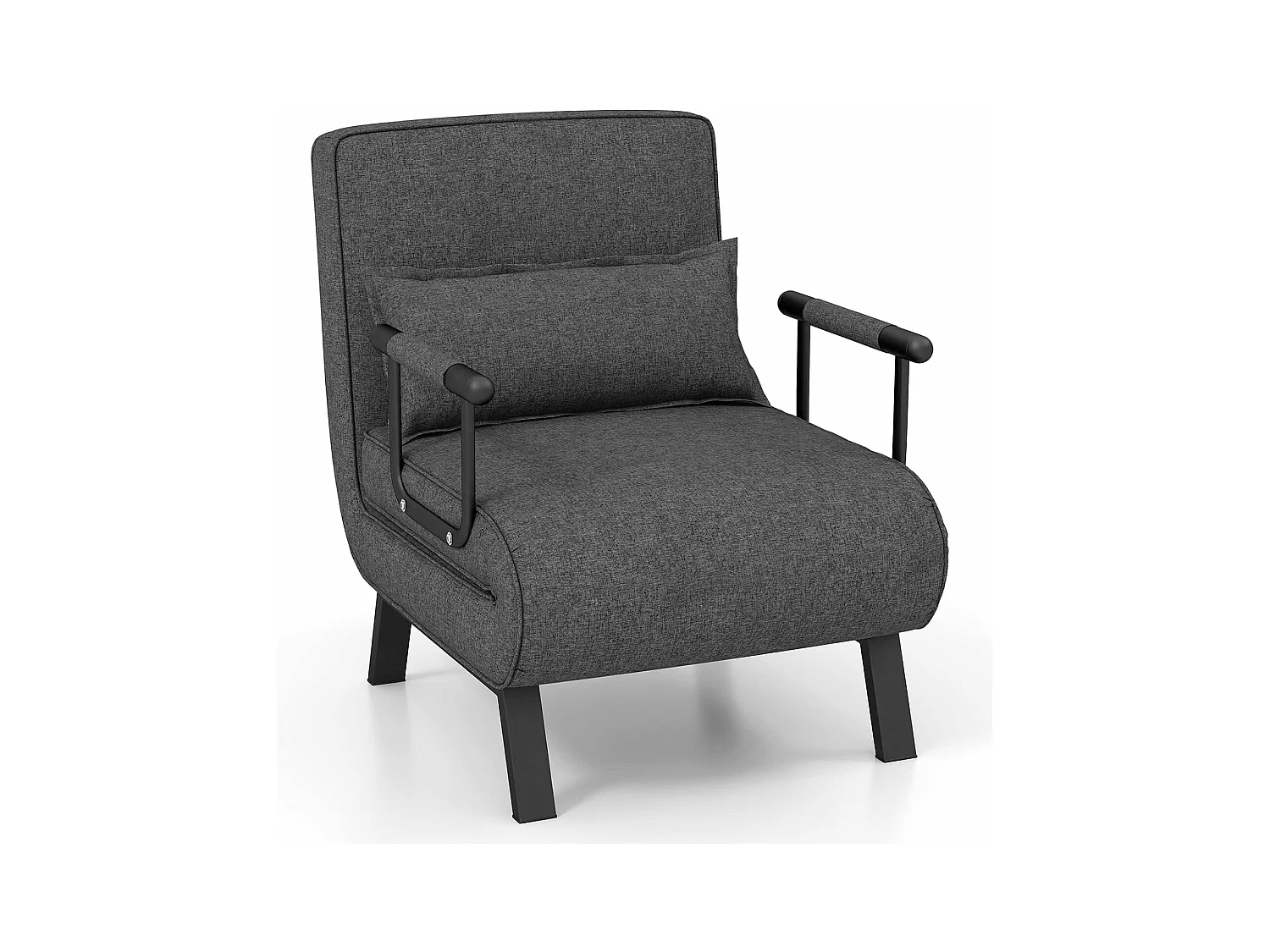 Converteerbare eenpersoonsbedfauteuil, 4-in-1 woonkamerfauteuil, in 6 standen verstelbare rugleuning met kussen, gewatteerde zitting, armleuningen, metalen frame, opklapbare slaapbank, donkergrijs