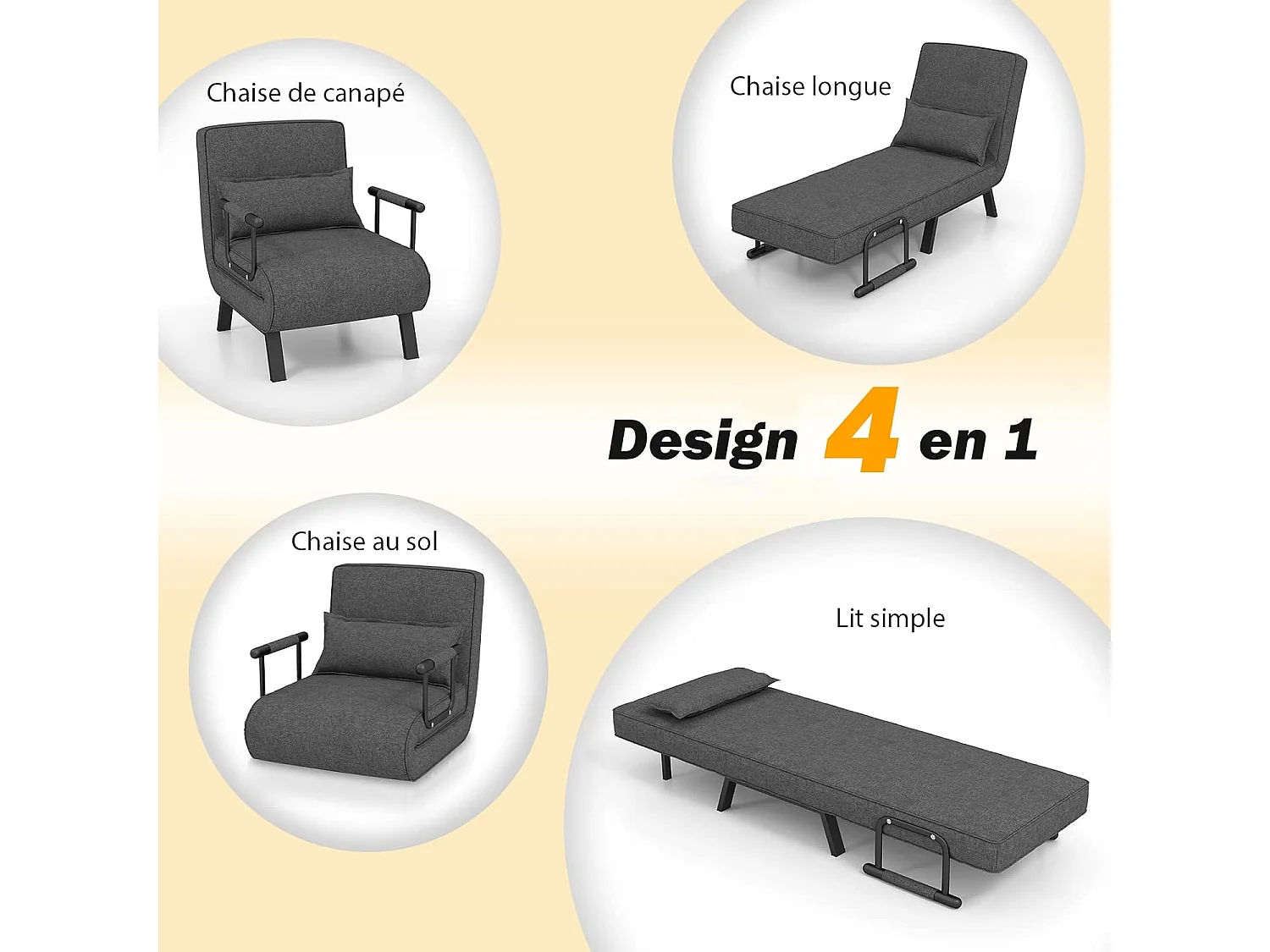 Fauteuil Convertible à Lit 1 Place, Fauteuil de Salon 4-en-1, Dossier Réglable en 6 Positions avec Oreiller, iège Rembourré, Accoudoirs, Cadre Métal, Canapé-Lit Pliant, Gris Foncé