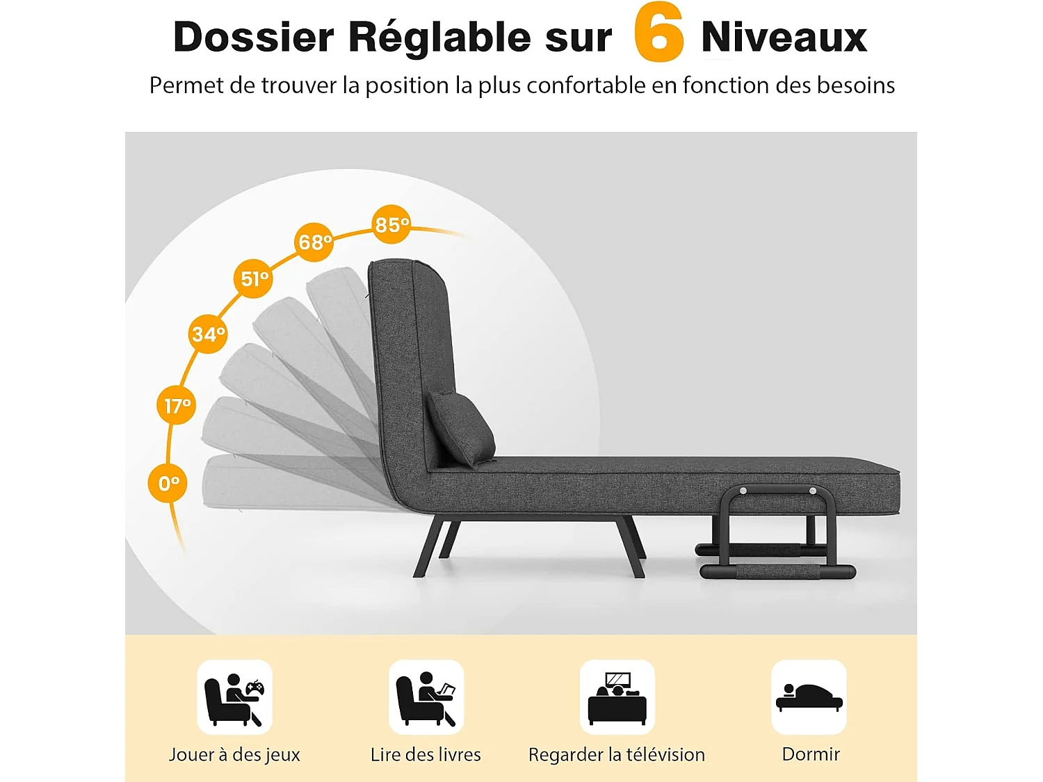 Fauteuil Convertible à Lit 1 Place, Fauteuil de Salon 4-en-1, Dossier Réglable en 6 Positions avec Oreiller, iège Rembourré, Accoudoirs, Cadre Métal, Canapé-Lit Pliant, Gris Foncé