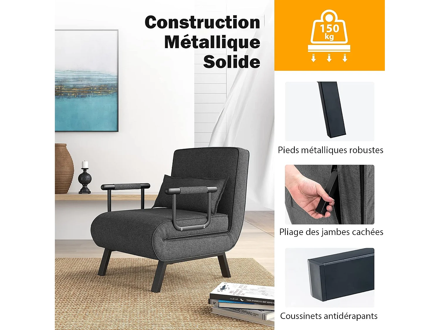 Fauteuil Convertible à Lit 1 Place, Fauteuil de Salon 4-en-1, Dossier Réglable en 6 Positions avec Oreiller, iège Rembourré, Accoudoirs, Cadre Métal, Canapé-Lit Pliant, Gris Foncé