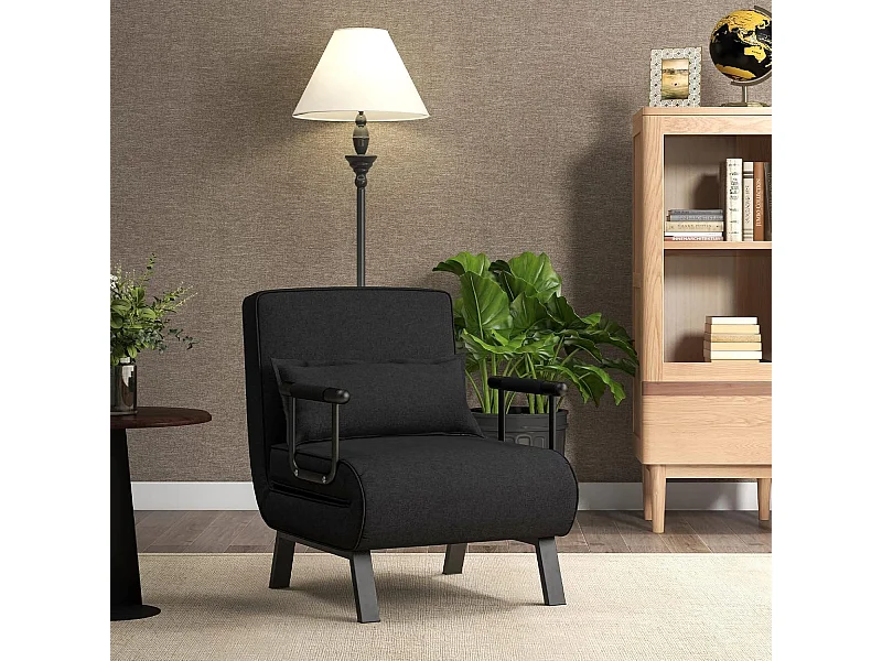 Converteerbare eenpersoonsbedfauteuil, 4-in-1 woonkamerfauteuil, in 6 standen verstelbare rugleuning met kussen, kussen, gewatteerde zitting, armleuningen, metalen frame, opklapbare slaapbank, zwart