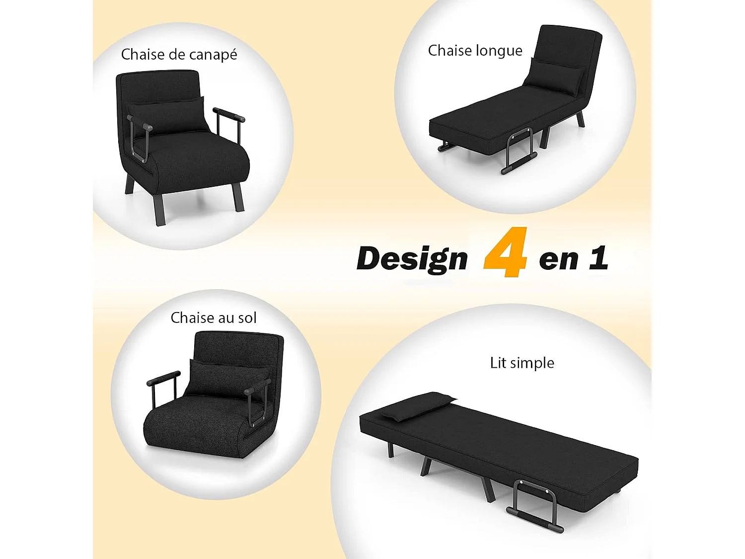 Fauteuil Convertible à Lit 1 Place, Fauteuil de Salon 4-en-1, Dossier Réglable en 6 Positions avec Oreiller, Oreiller, Siège Rembourré, Accoudoirs, Cadre Métal, Canapé-Lit Pliant, Noir