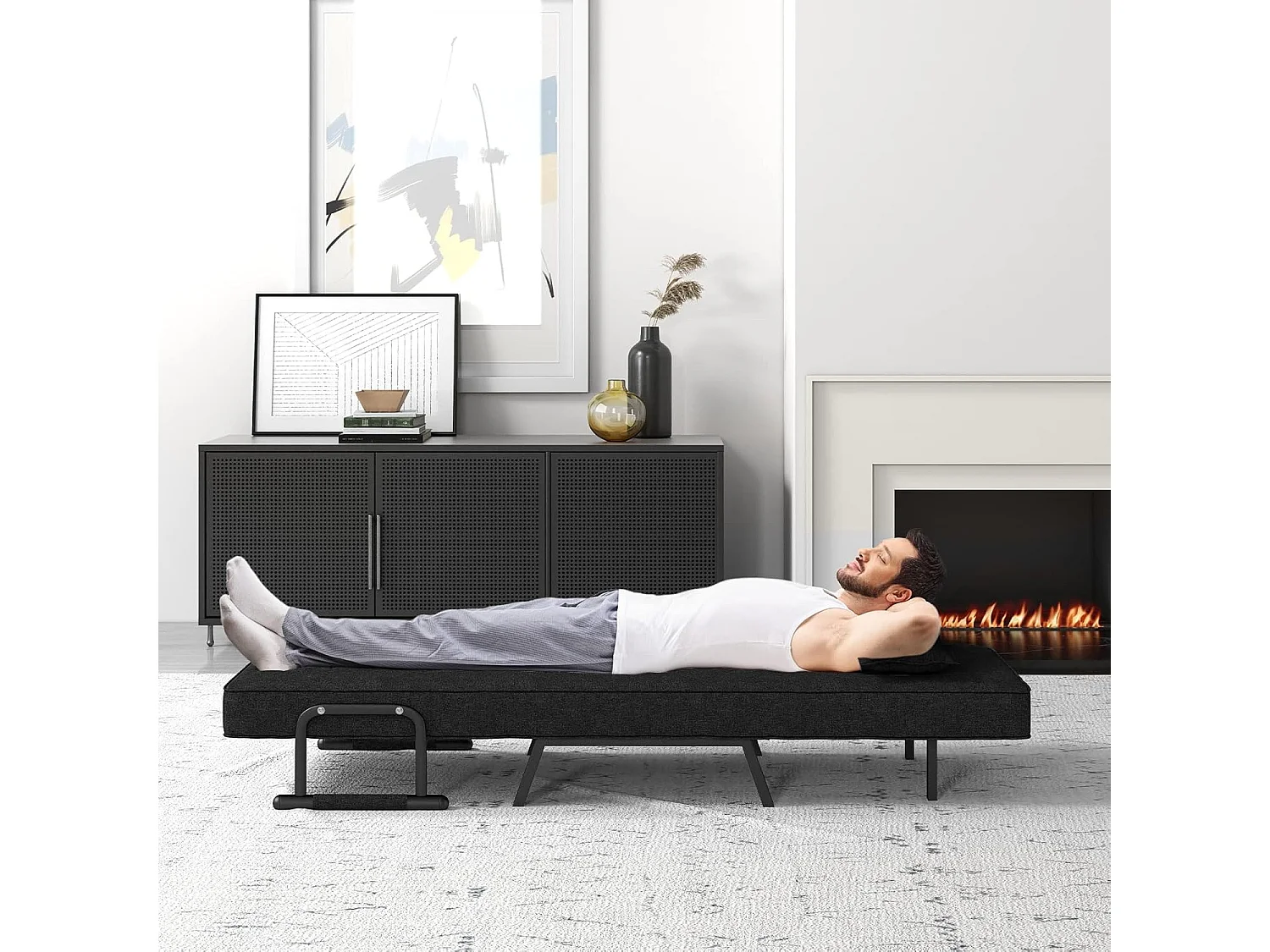 Fauteuil Convertible à Lit 1 Place, Fauteuil de Salon 4-en-1, Dossier Réglable en 6 Positions avec Oreiller, Oreiller, Siège Rembourré, Accoudoirs, Cadre Métal, Canapé-Lit Pliant, Noir