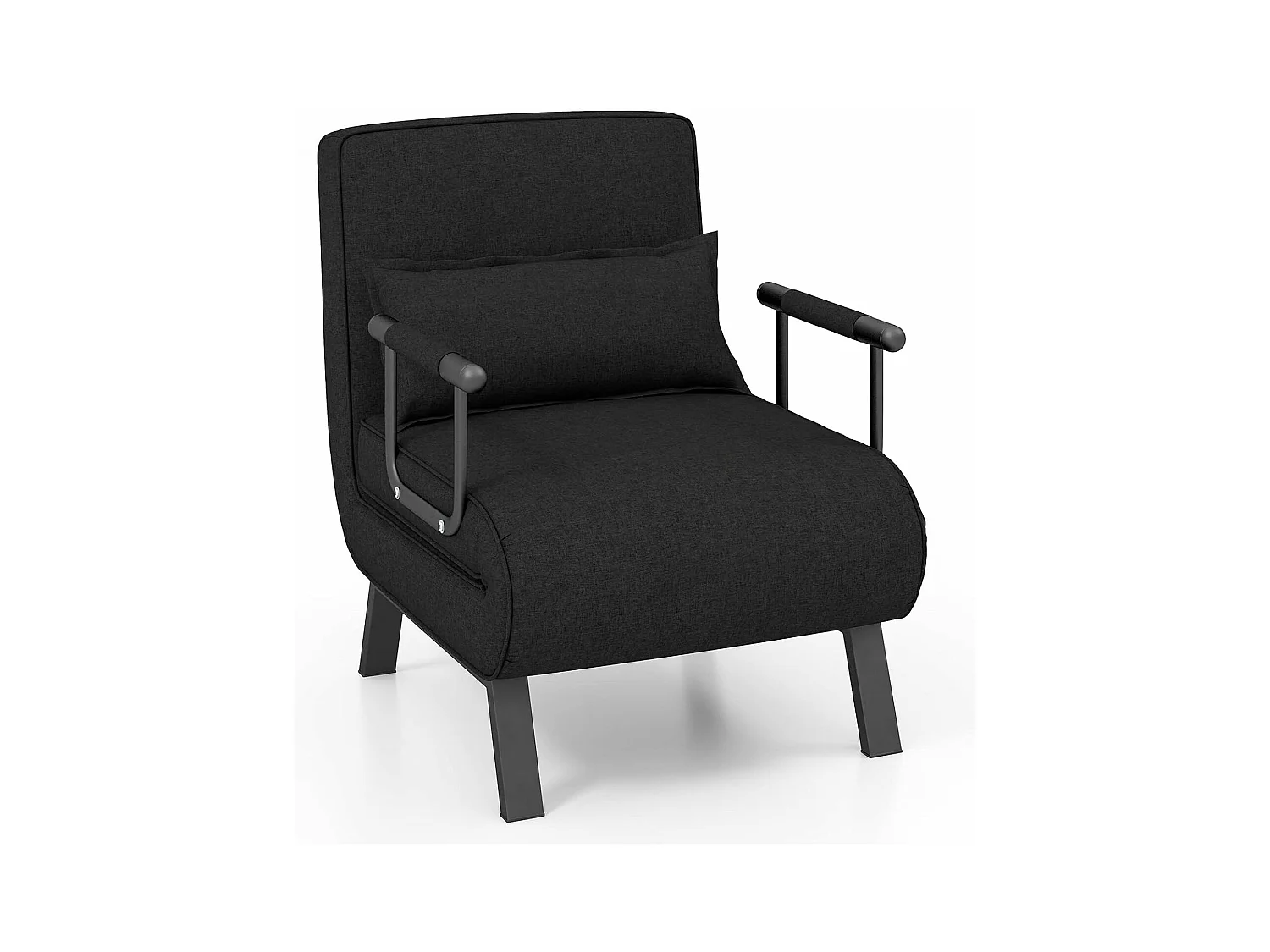 Fauteuil Convertible à Lit 1 Place, Fauteuil de Salon 4-en-1, Dossier Réglable en 6 Positions avec Oreiller, Oreiller, Siège Rembourré, Accoudoirs, Cadre Métal, Canapé-Lit Pliant, Noir