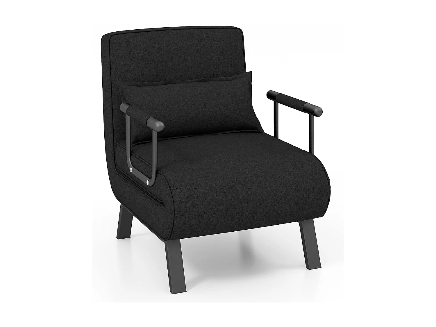 Fauteuil Convertible à Lit 1 Place, Fauteuil de Salon 4-en-1, Dossier Réglable en 6 Positions avec Oreiller, Oreiller, Siège Rembourré, Accoudoirs, Cadre Métal, Canapé-Lit Pliant, Noir