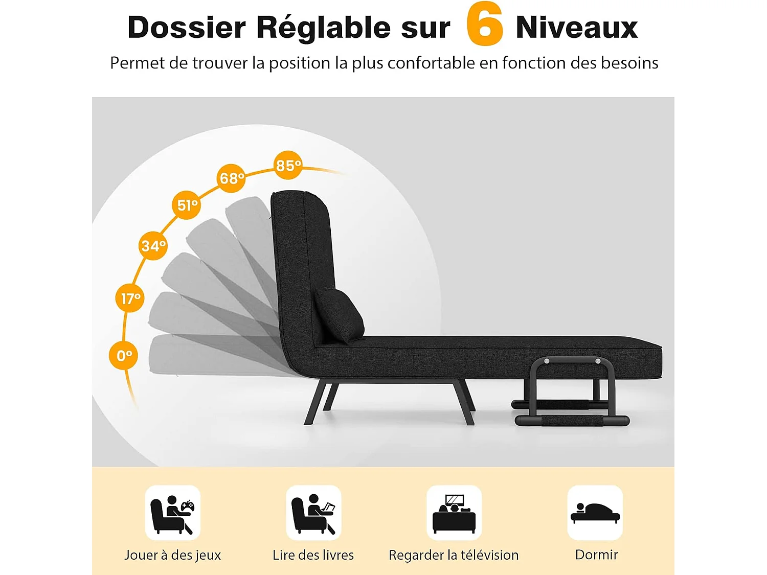 Fauteuil Convertible à Lit 1 Place, Fauteuil de Salon 4-en-1, Dossier Réglable en 6 Positions avec Oreiller, Oreiller, Siège Rembourré, Accoudoirs, Cadre Métal, Canapé-Lit Pliant, Noir