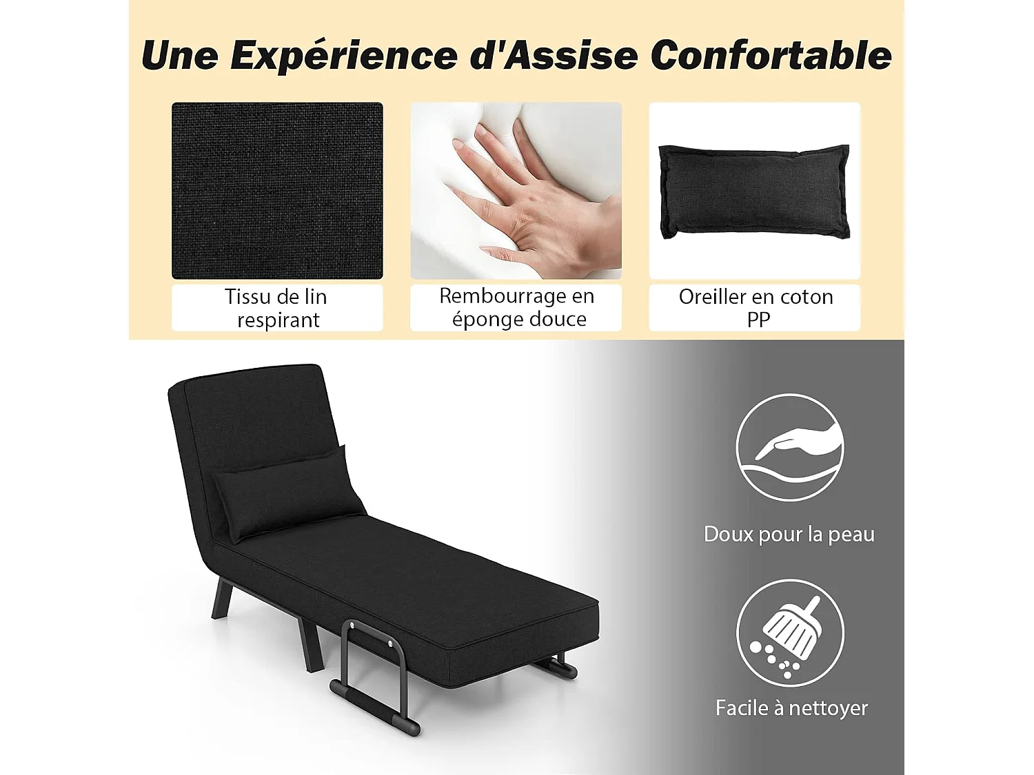 Fauteuil Convertible à Lit 1 Place, Fauteuil de Salon 4-en-1, Dossier Réglable en 6 Positions avec Oreiller, Oreiller, Siège Rembourré, Accoudoirs, Cadre Métal, Canapé-Lit Pliant, Noir