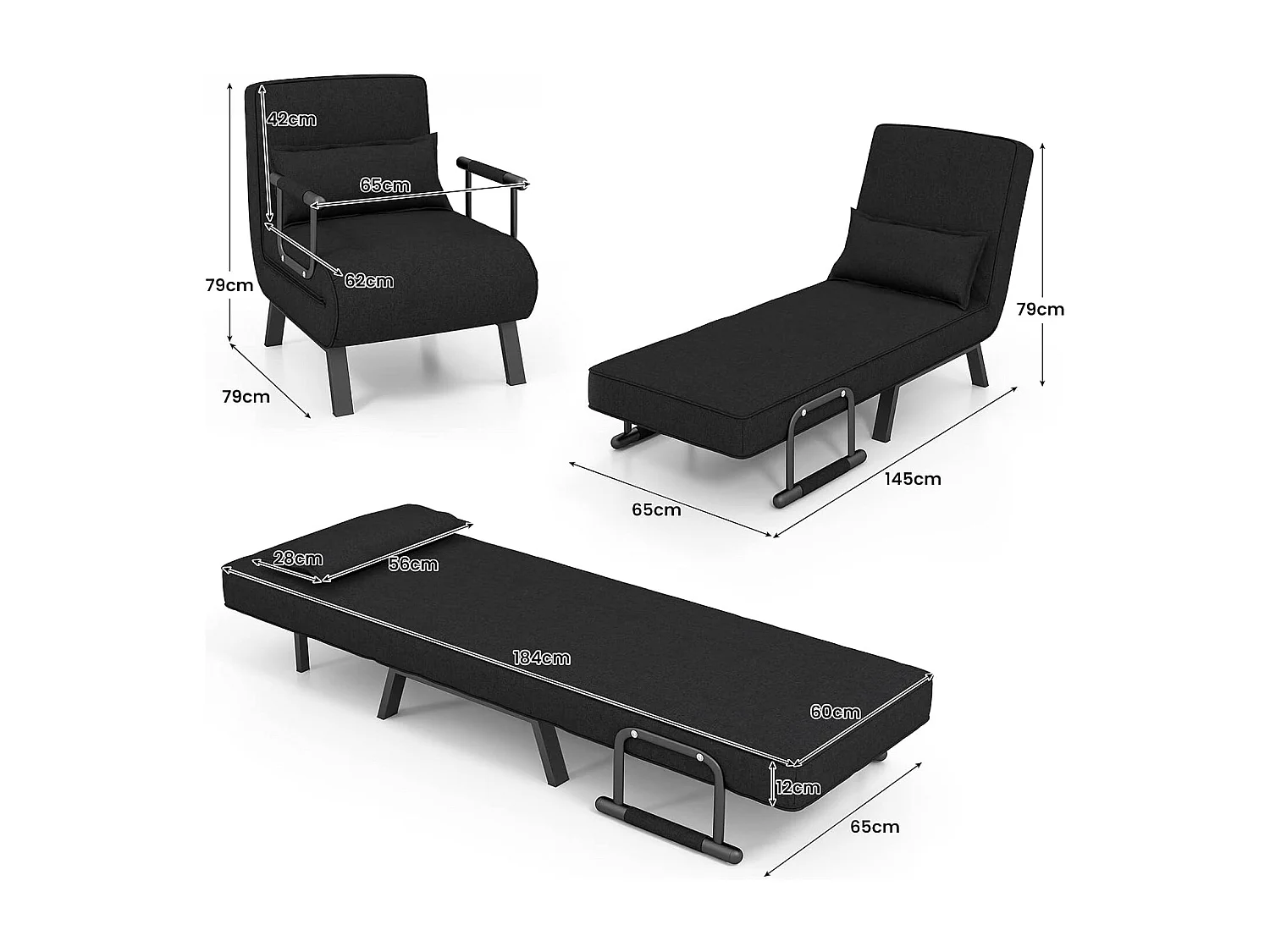 Fauteuil Convertible à Lit 1 Place, Fauteuil de Salon 4-en-1, Dossier Réglable en 6 Positions avec Oreiller, Oreiller, Siège Rembourré, Accoudoirs, Cadre Métal, Canapé-Lit Pliant, Noir