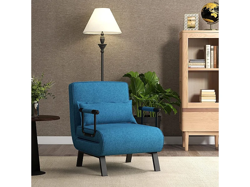 1-zits converteerbare fauteuil, 4-in-1 fauteuilbed, in 6 posities verstelbare rugleuning, kussen, gewatteerde zitting, armleuningen, metalen frame, opklapbare slaapbank, blauw