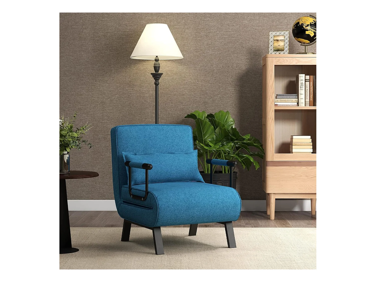 Fauteuil Convertible 1 Place, Fauteuil-Lit Chauffeuse 4-en-1 Dossier Réglable 6 Position, Oreiller, Siège Rembourré, Accoudoirs, Cadre Métal, Canapé-Lit Pliant, Bleu