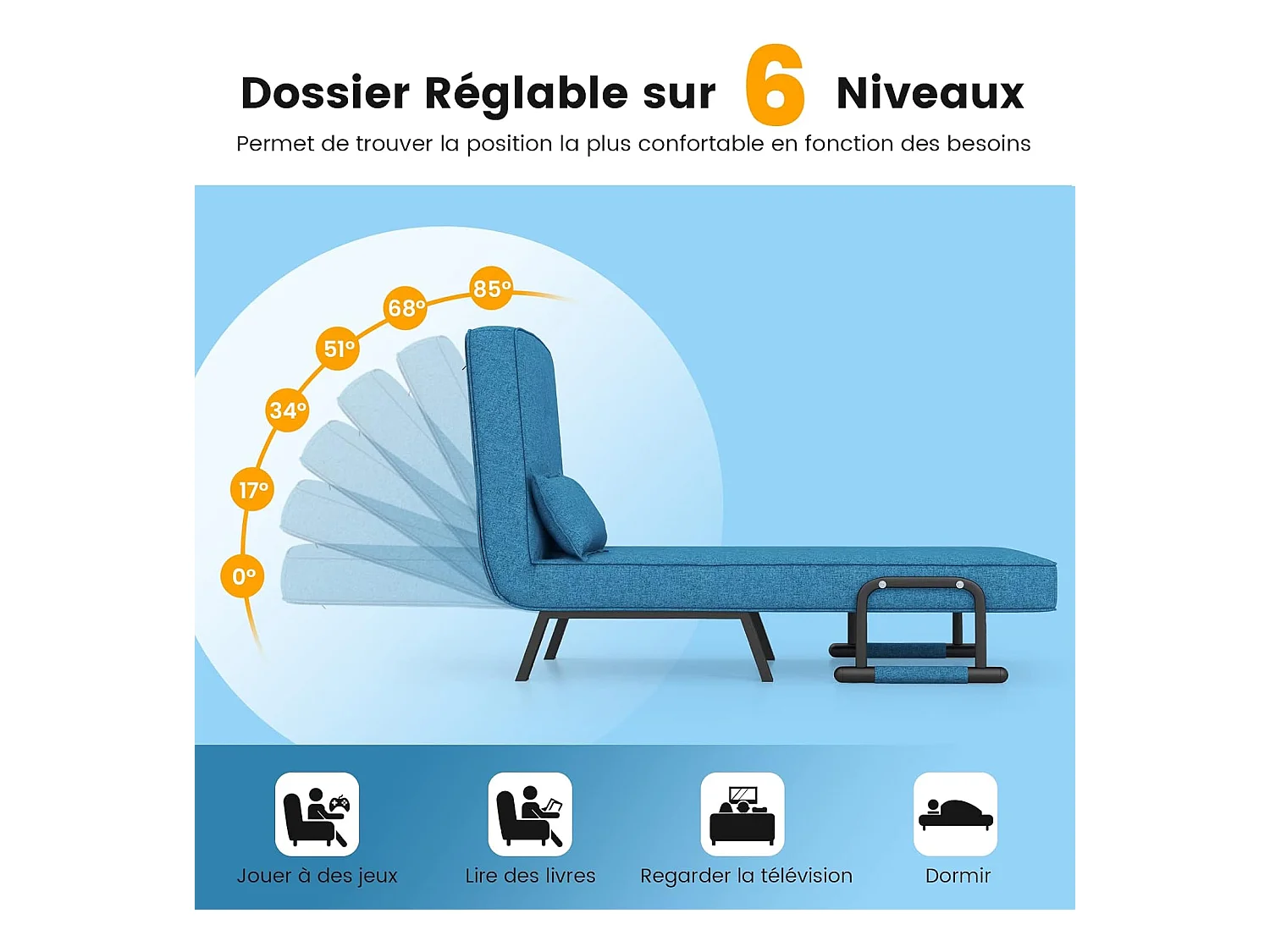 Fauteuil Convertible 1 Place, Fauteuil-Lit Chauffeuse 4-en-1 Dossier Réglable 6 Position, Oreiller, Siège Rembourré, Accoudoirs, Cadre Métal, Canapé-Lit Pliant, Bleu