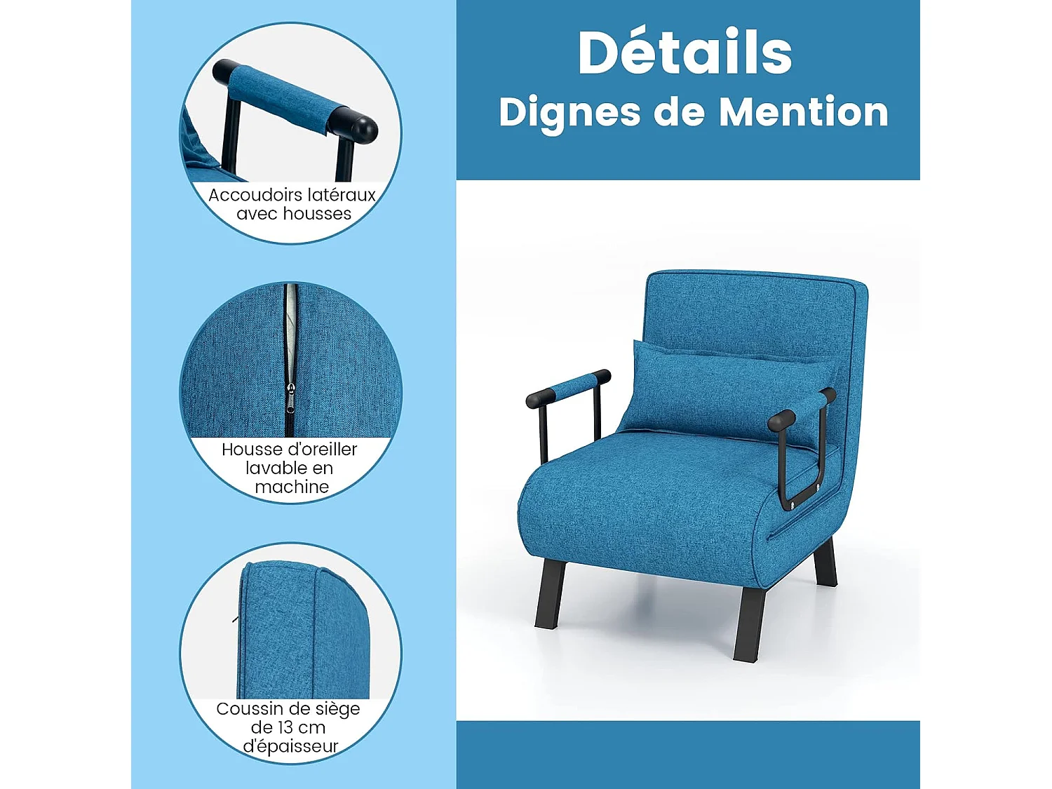 Fauteuil Convertible 1 Place, Fauteuil-Lit Chauffeuse 4-en-1 Dossier Réglable 6 Position, Oreiller, Siège Rembourré, Accoudoirs, Cadre Métal, Canapé-Lit Pliant, Bleu