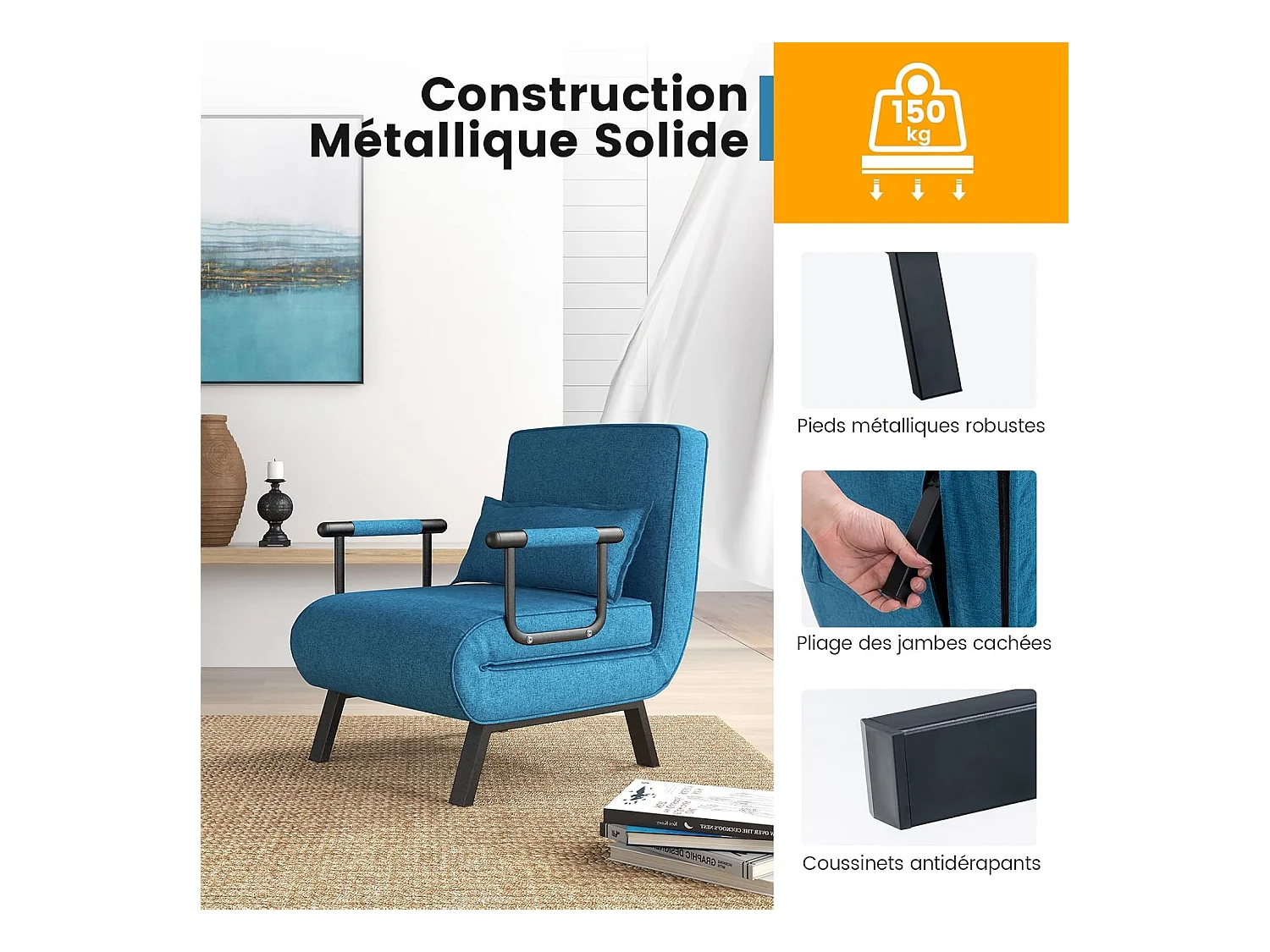 Fauteuil Convertible 1 Place, Fauteuil-Lit Chauffeuse 4-en-1 Dossier Réglable 6 Position, Oreiller, Siège Rembourré, Accoudoirs, Cadre Métal, Canapé-Lit Pliant, Bleu