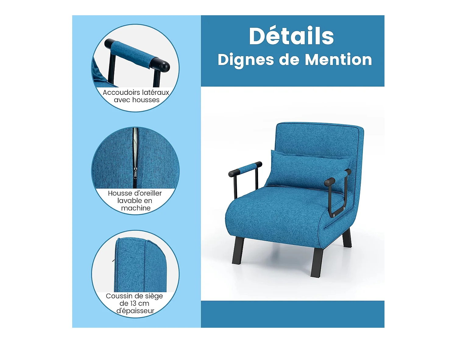Fauteuil Convertible 1 Place, Fauteuil-Lit Chauffeuse 4-en-1 Dossier Réglable 6 Position, Oreiller, Siège Rembourré, Accoudoirs, Cadre Métal, Canapé-Lit Pliant, Bleu