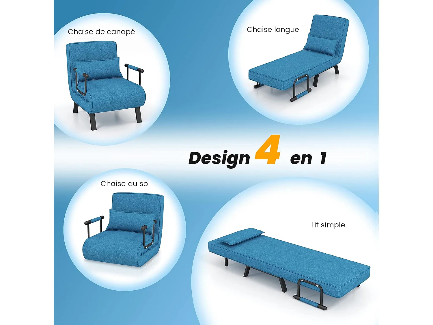 Fauteuil Convertible 1 Place, Fauteuil-Lit Chauffeuse 4-en-1 Dossier Réglable 6 Position, Oreiller, Siège Rembourré, Accoudoirs, Cadre Métal, Canapé-Lit Pliant, Bleu