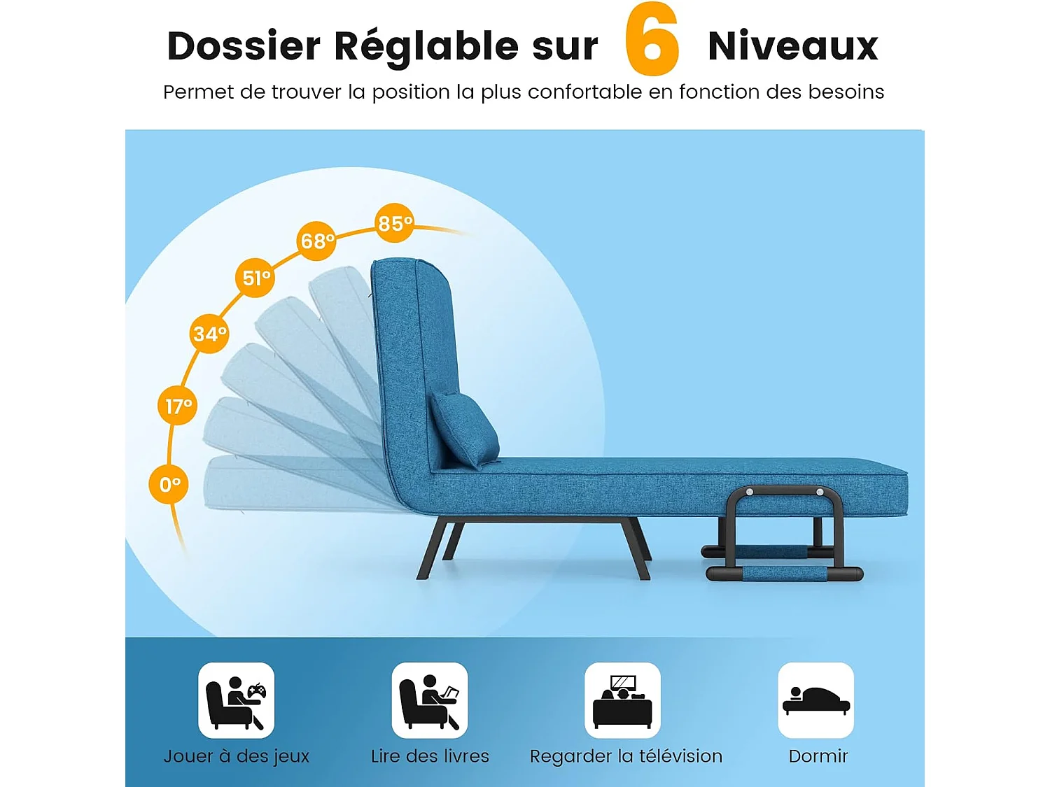 Fauteuil Convertible 1 Place, Fauteuil-Lit Chauffeuse 4-en-1 Dossier Réglable 6 Position, Oreiller, Siège Rembourré, Accoudoirs, Cadre Métal, Canapé-Lit Pliant, Bleu