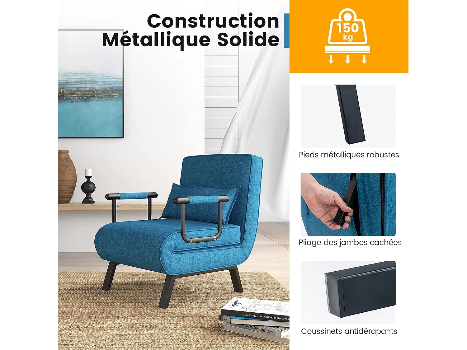 Fauteuil Convertible 1 Place, Fauteuil-Lit Chauffeuse 4-en-1 Dossier Réglable 6 Position, Oreiller, Siège Rembourré, Accoudoirs, Cadre Métal, Canapé-Lit Pliant, Bleu