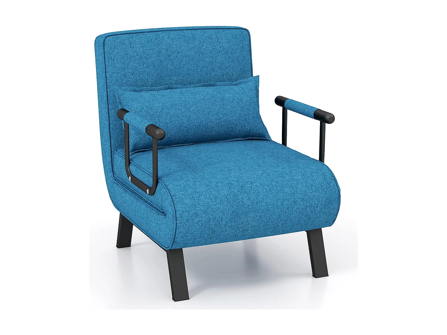 Fauteuil Convertible 1 Place, Fauteuil-Lit Chauffeuse 4-en-1 Dossier Réglable 6 Position, Oreiller, Siège Rembourré, Accoudoirs, Cadre Métal, Canapé-Lit Pliant, Bleu
