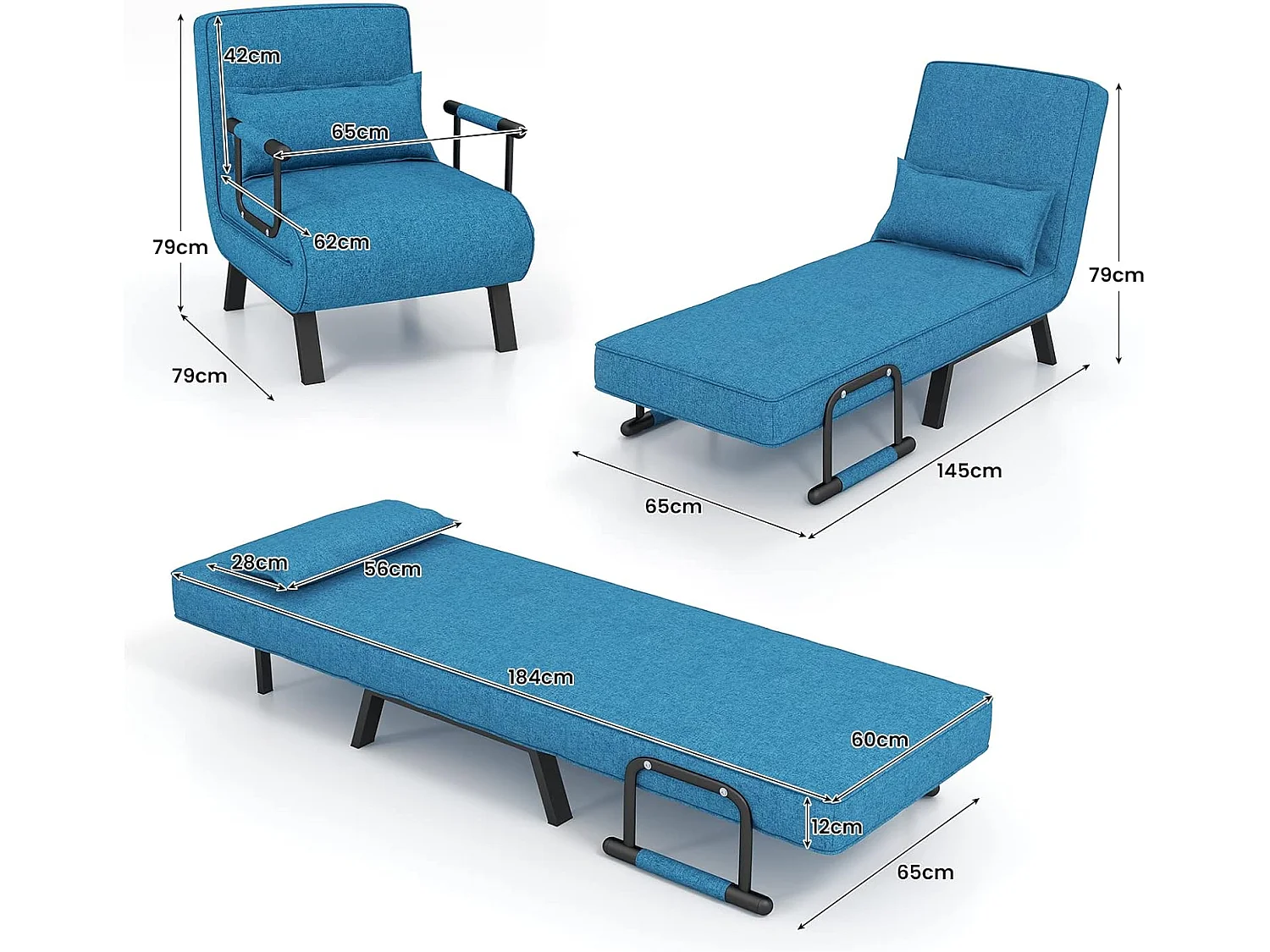 Fauteuil Convertible 1 Place, Fauteuil-Lit Chauffeuse 4-en-1 Dossier Réglable 6 Position, Oreiller, Siège Rembourré, Accoudoirs, Cadre Métal, Canapé-Lit Pliant, Bleu