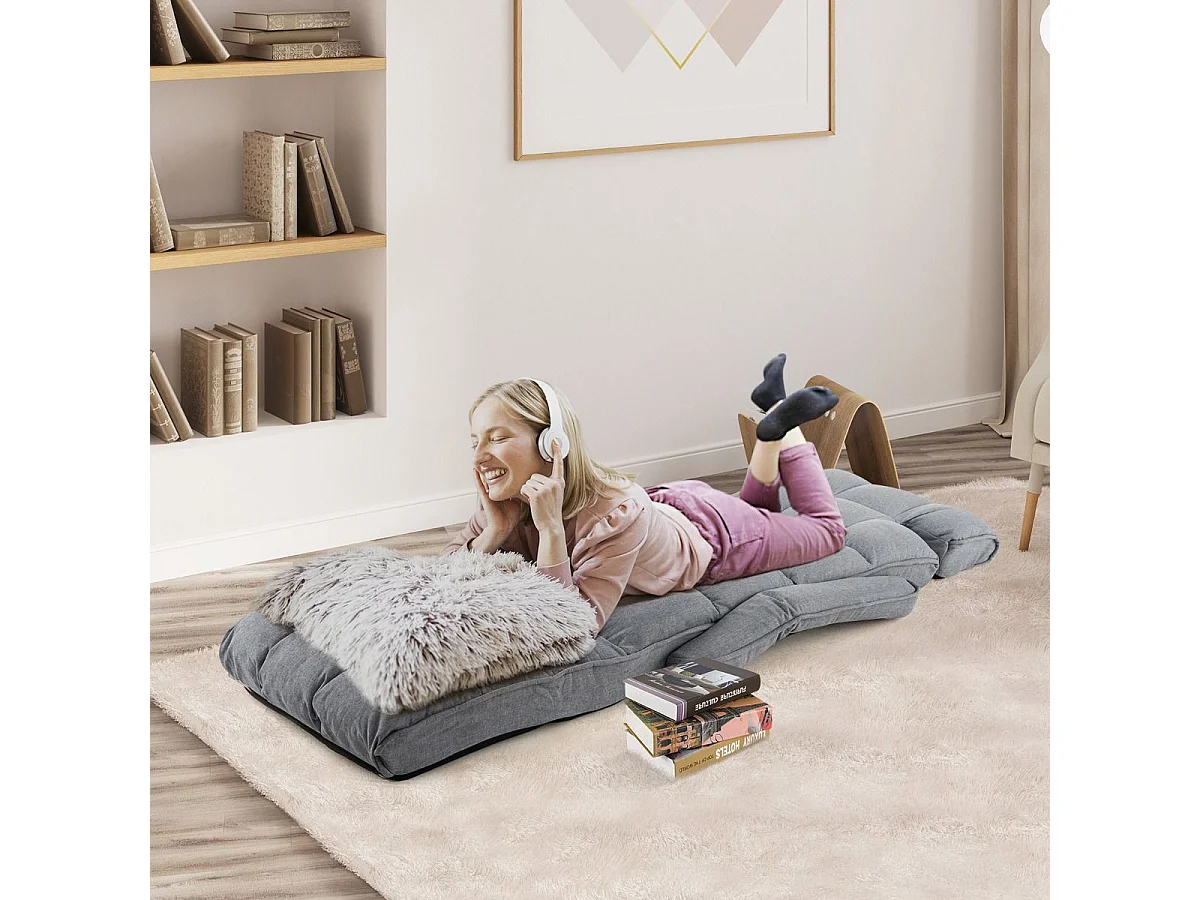 Fauteuil Convertible 1 Place Adulte avec Appui-tête Dossier Réglable 6 Positions 16°-107°, Chauffeuse Convertible avec Repose-Pieds à 8 Réglages, 196 x 72 x 19,5 cm