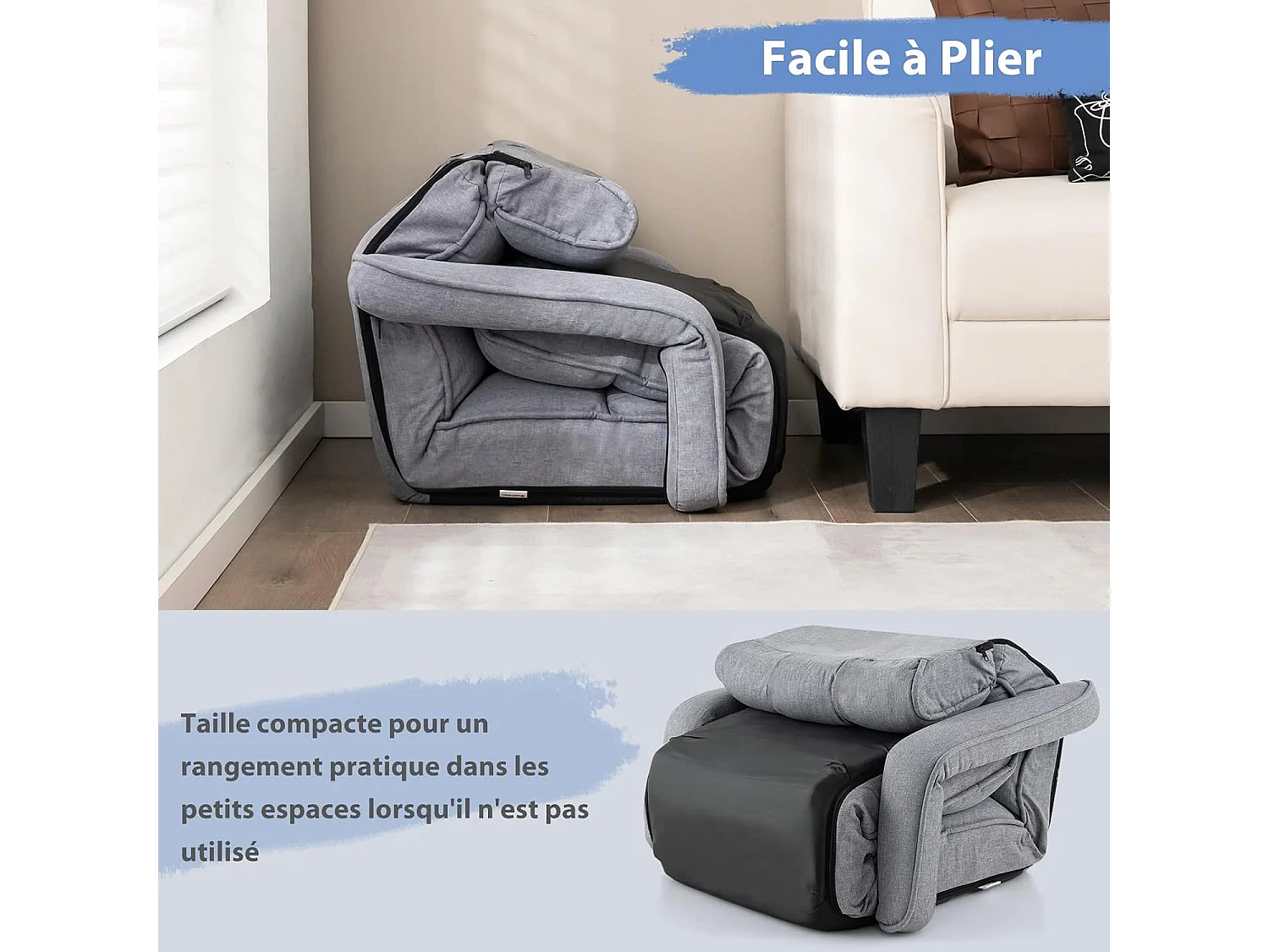 Fauteuil Convertible 1 Place Adulte avec Appui-tête Dossier Réglable 6 Positions 16°-107°, Chauffeuse Convertible avec Repose-Pieds à 8 Réglages, 196 x 72 x 19,5 cm