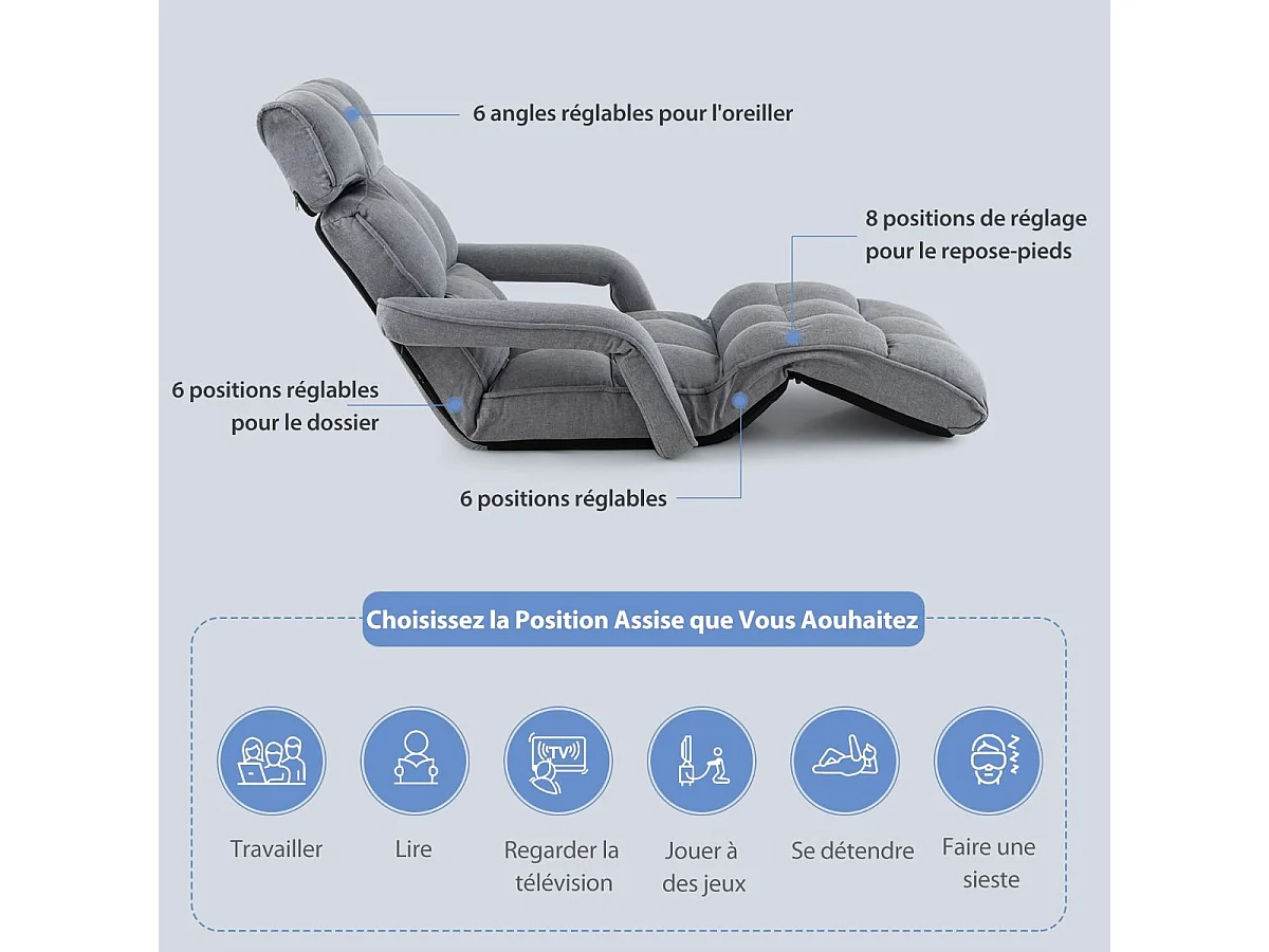 Fauteuil Convertible 1 Place Adulte avec Appui-tête Dossier Réglable 6 Positions 16°-107°, Chauffeuse Convertible avec Repose-Pieds à 8 Réglages, 196 x 72 x 19,5 cm