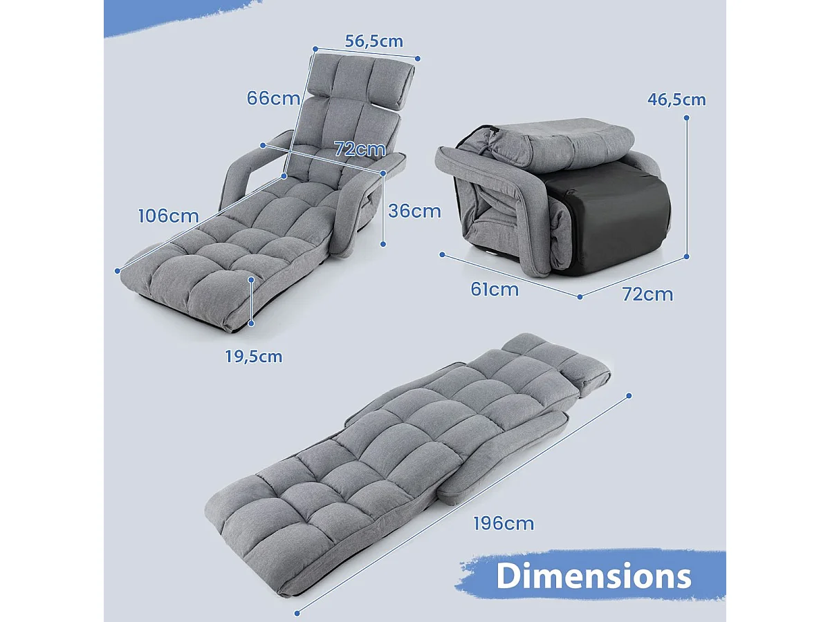 Fauteuil Convertible 1 Place Adulte avec Appui-tête Dossier Réglable 6 Positions 16°-107°, Chauffeuse Convertible avec Repose-Pieds à 8 Réglages, 196 x 72 x 19,5 cm