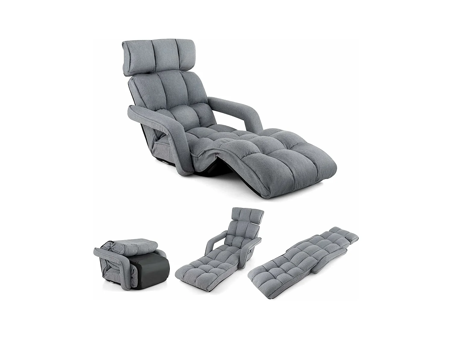 Fauteuil Convertible 1 Place Adulte avec Appui-tête Dossier Réglable 6 Positions 16°-107°, Chauffeuse Convertible avec Repose-Pieds à 8 Réglages, 196 x 72 x 19,5 cm