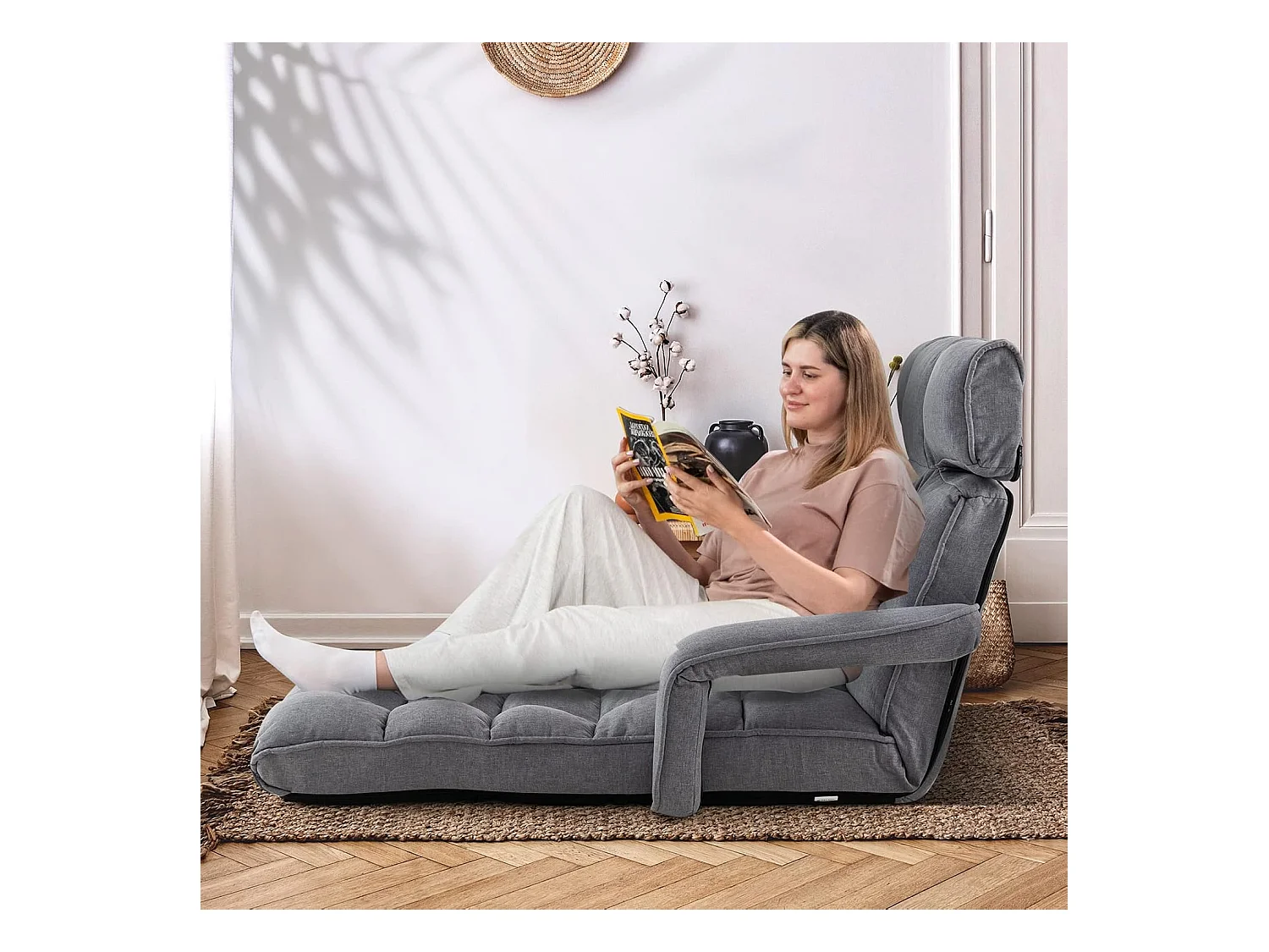 Fauteuil Convertible 1 Place Adulte avec Appui-tête Dossier Réglable 6 Positions 16°-107°, Chauffeuse Convertible avec Repose-Pieds à 8 Réglages, 196 x 72 x 19,5 cm