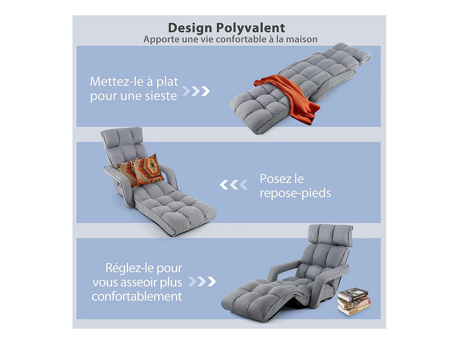 Fauteuil Convertible 1 Place Adulte avec Appui-tête Dossier Réglable 6 Positions 16°-107°, Chauffeuse Convertible avec Repose-Pieds à 8 Réglages, 196 x 72 x 19,5 cm