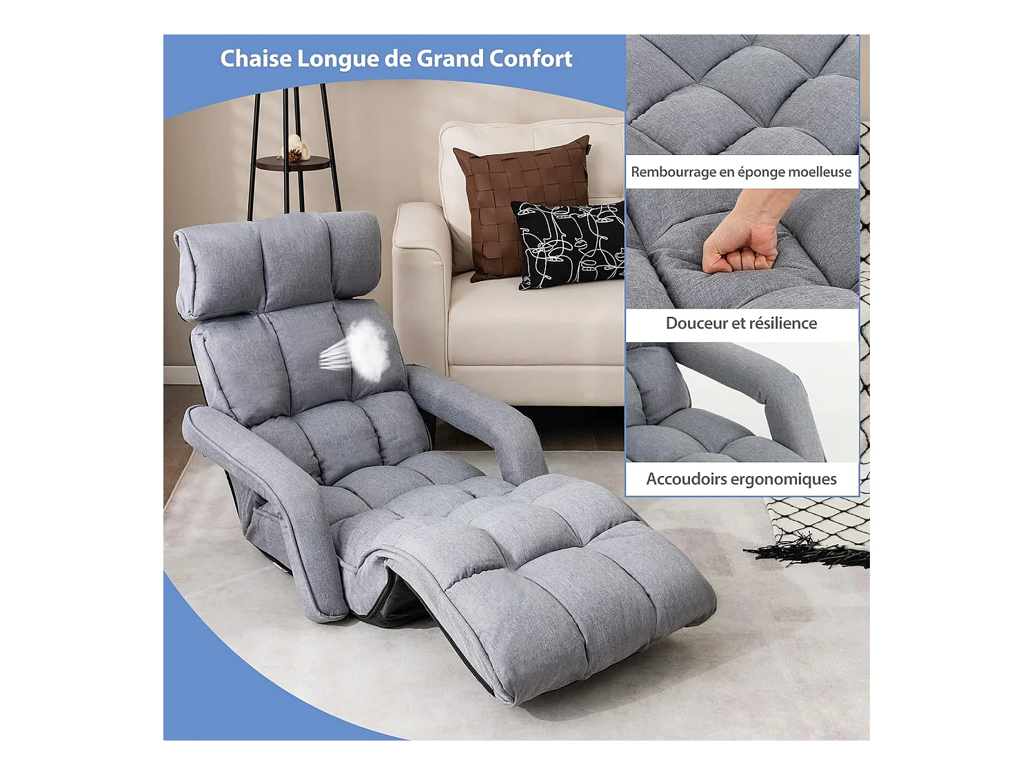 Fauteuil Convertible 1 Place Adulte avec Appui-tête Dossier Réglable 6 Positions 16°-107°, Chauffeuse Convertible avec Repose-Pieds à 8 Réglages, 196 x 72 x 19,5 cm