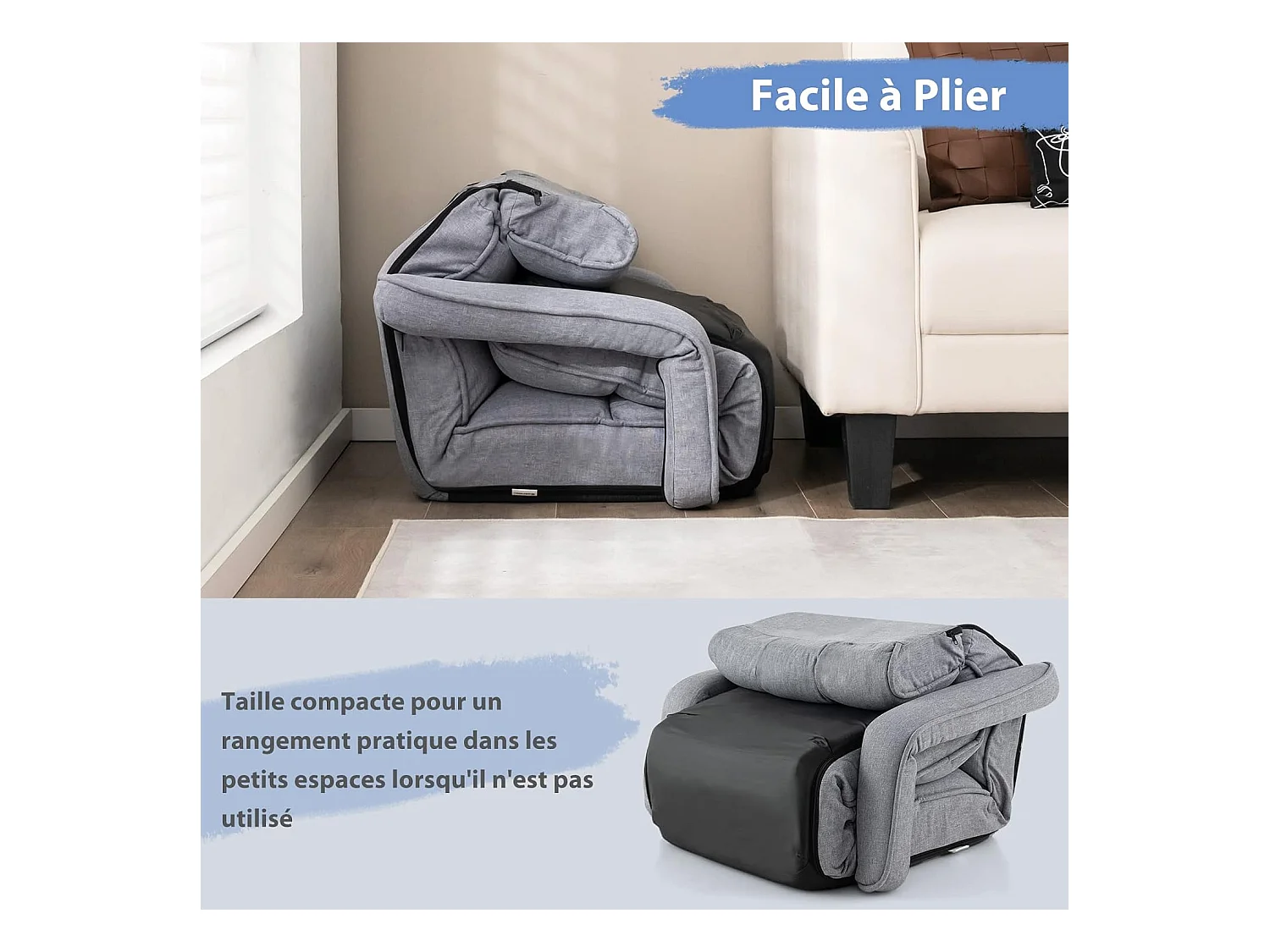 Fauteuil Convertible 1 Place Adulte avec Appui-tête Dossier Réglable 6 Positions 16°-107°, Chauffeuse Convertible avec Repose-Pieds à 8 Réglages, 196 x 72 x 19,5 cm