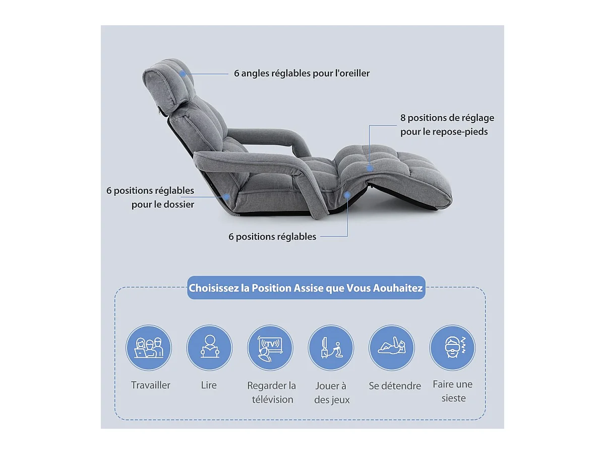 Fauteuil Convertible 1 Place Adulte avec Appui-tête Dossier Réglable 6 Positions 16°-107°, Chauffeuse Convertible avec Repose-Pieds à 8 Réglages, 196 x 72 x 19,5 cm