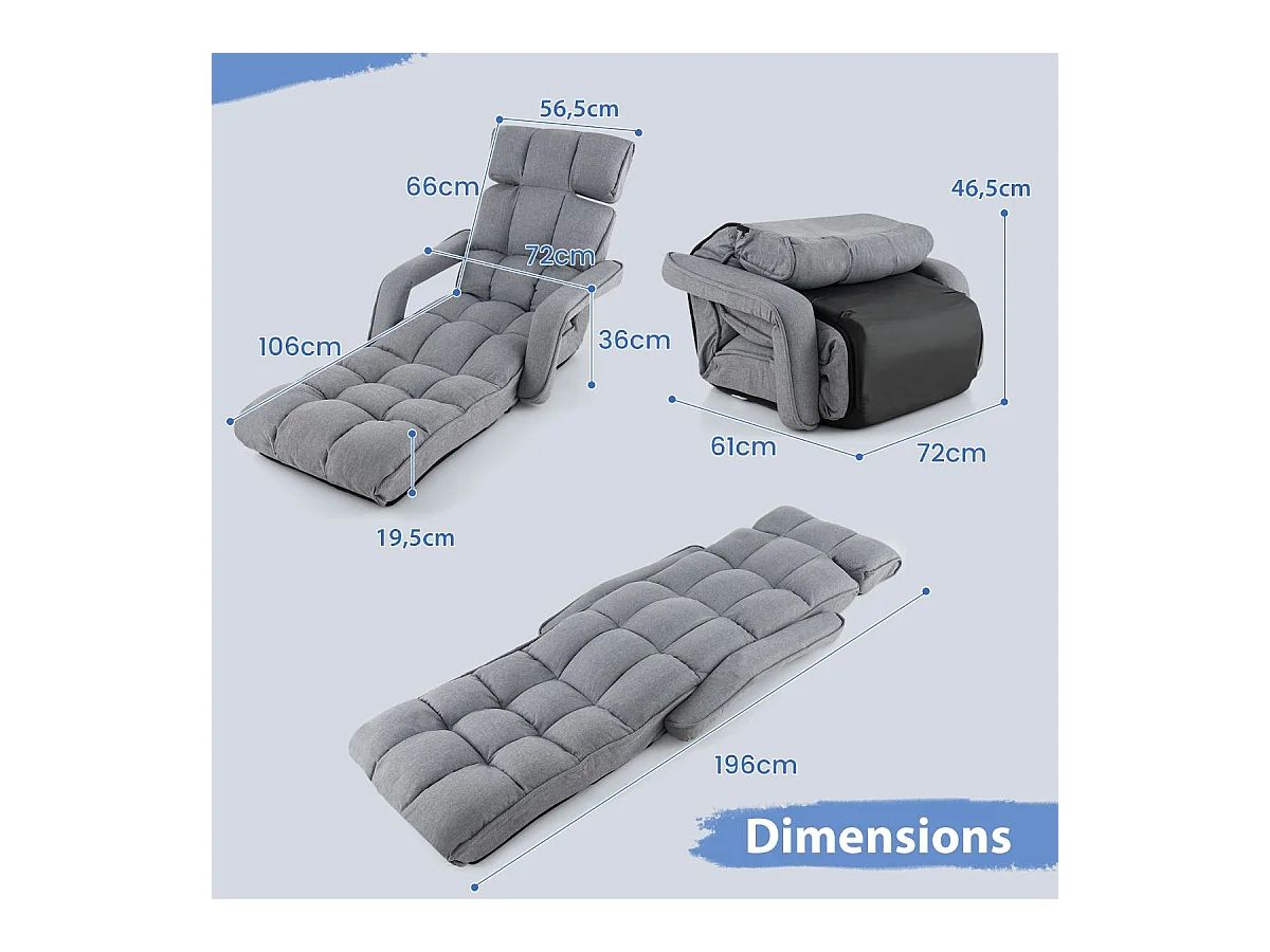 Fauteuil Convertible 1 Place Adulte avec Appui-tête Dossier Réglable 6 Positions 16°-107°, Chauffeuse Convertible avec Repose-Pieds à 8 Réglages, 196 x 72 x 19,5 cm