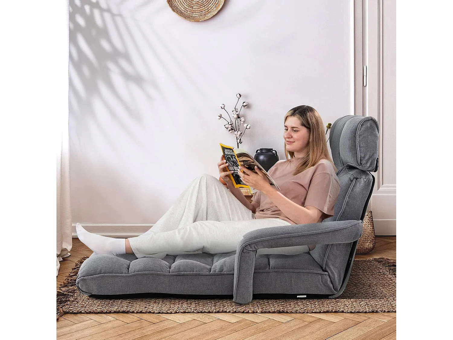 1-zits fauteuil voor volwassenen, omvormbaar met hoofdsteun en verstelbare rugleuning, 6 standen 16°-107°, omvormbare fauteuil met 8-voudig verstelbare voetensteun, 196 x 72 x 19,5 cm