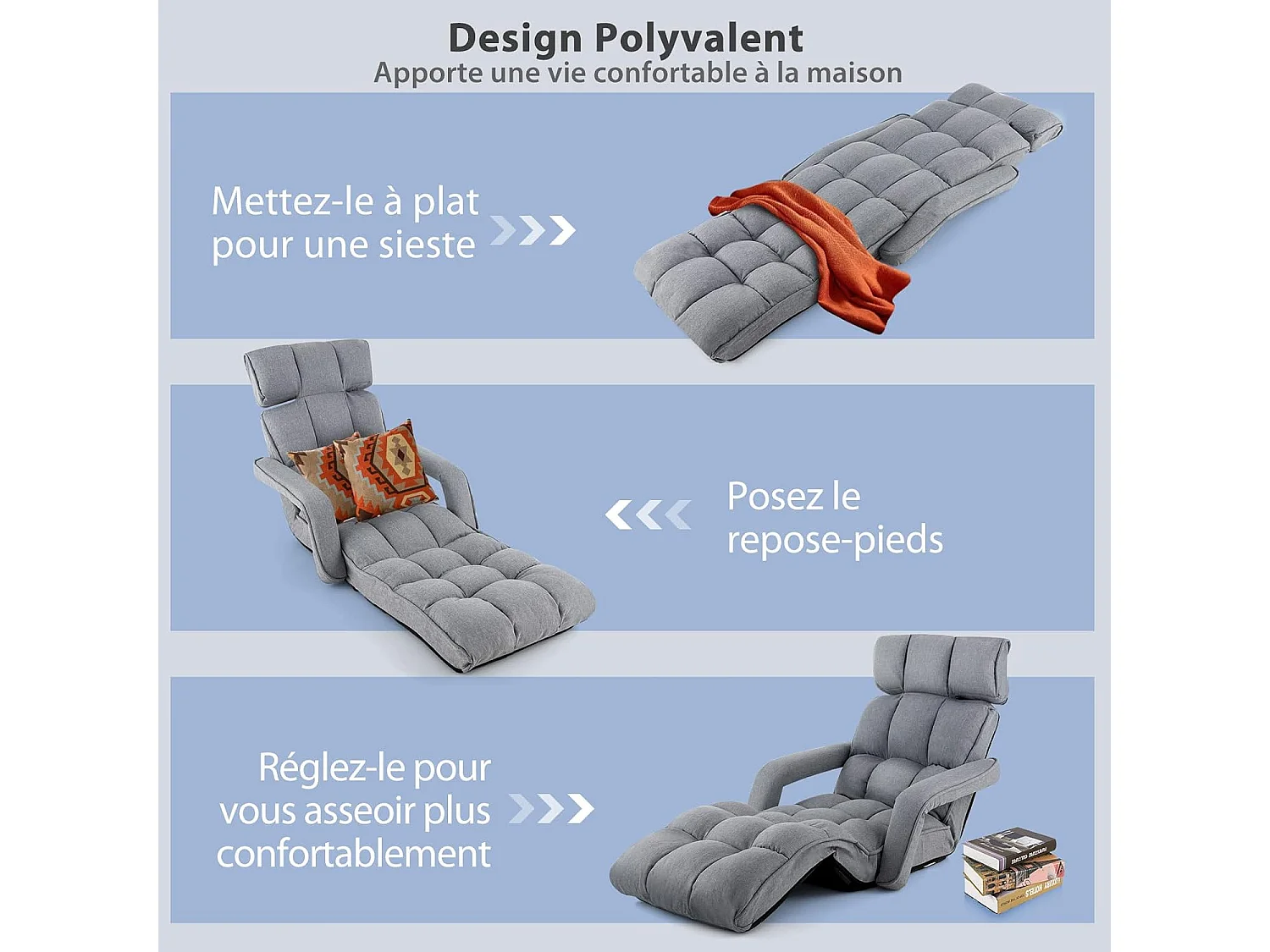 1-zits fauteuil voor volwassenen, omvormbaar met hoofdsteun en verstelbare rugleuning, 6 standen 16°-107°, omvormbare fauteuil met 8-voudig verstelbare voetensteun, 196 x 72 x 19,5 cm