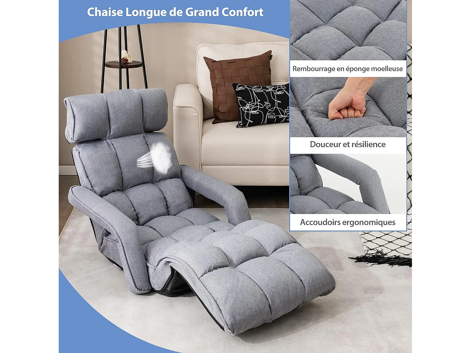 1-zits fauteuil voor volwassenen, omvormbaar met hoofdsteun en verstelbare rugleuning, 6 standen 16°-107°, omvormbare fauteuil met 8-voudig verstelbare voetensteun, 196 x 72 x 19,5 cm