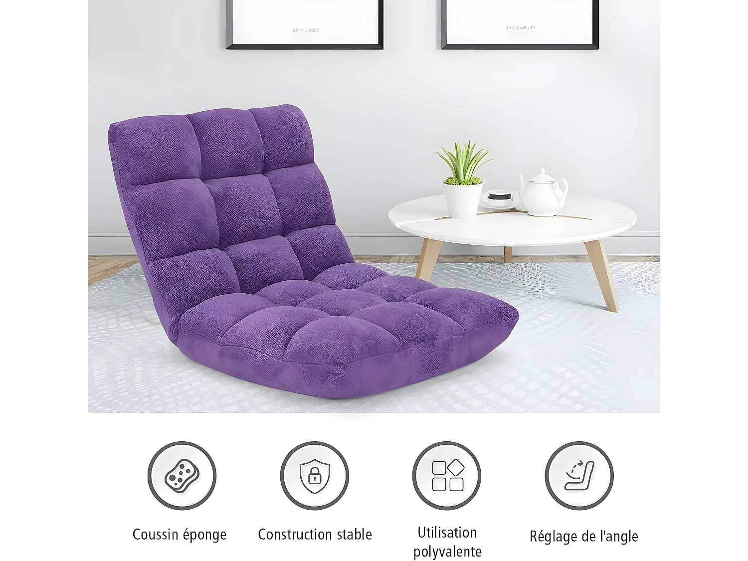 Canapé Paresseux Tatami Pliable Chaise de Plancher Coussin de Chaise de Lit Siège de Sol pour Maison, Bureau 105 x 57 x 15 CM (Violet)