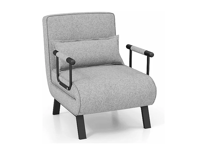 Fauteuil Convertible 1 Place, Chauffeuse 4-en-1 Dossier Réglable 6 Position, Oreiller, Siège Rembourré, Accoudoirs, Cadre Métal, Canapé-Lit Pliant, Gris clair