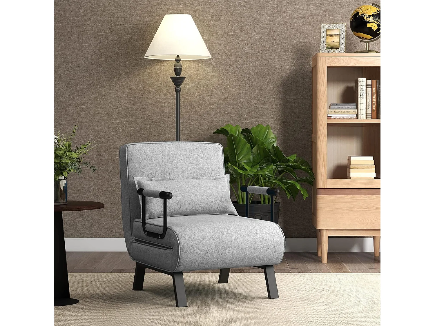 Fauteuil Convertible 1 Place, Chauffeuse 4-en-1 Dossier Réglable 6 Position, Oreiller, Siège Rembourré, Accoudoirs, Cadre Métal, Canapé-Lit Pliant, Gris clair