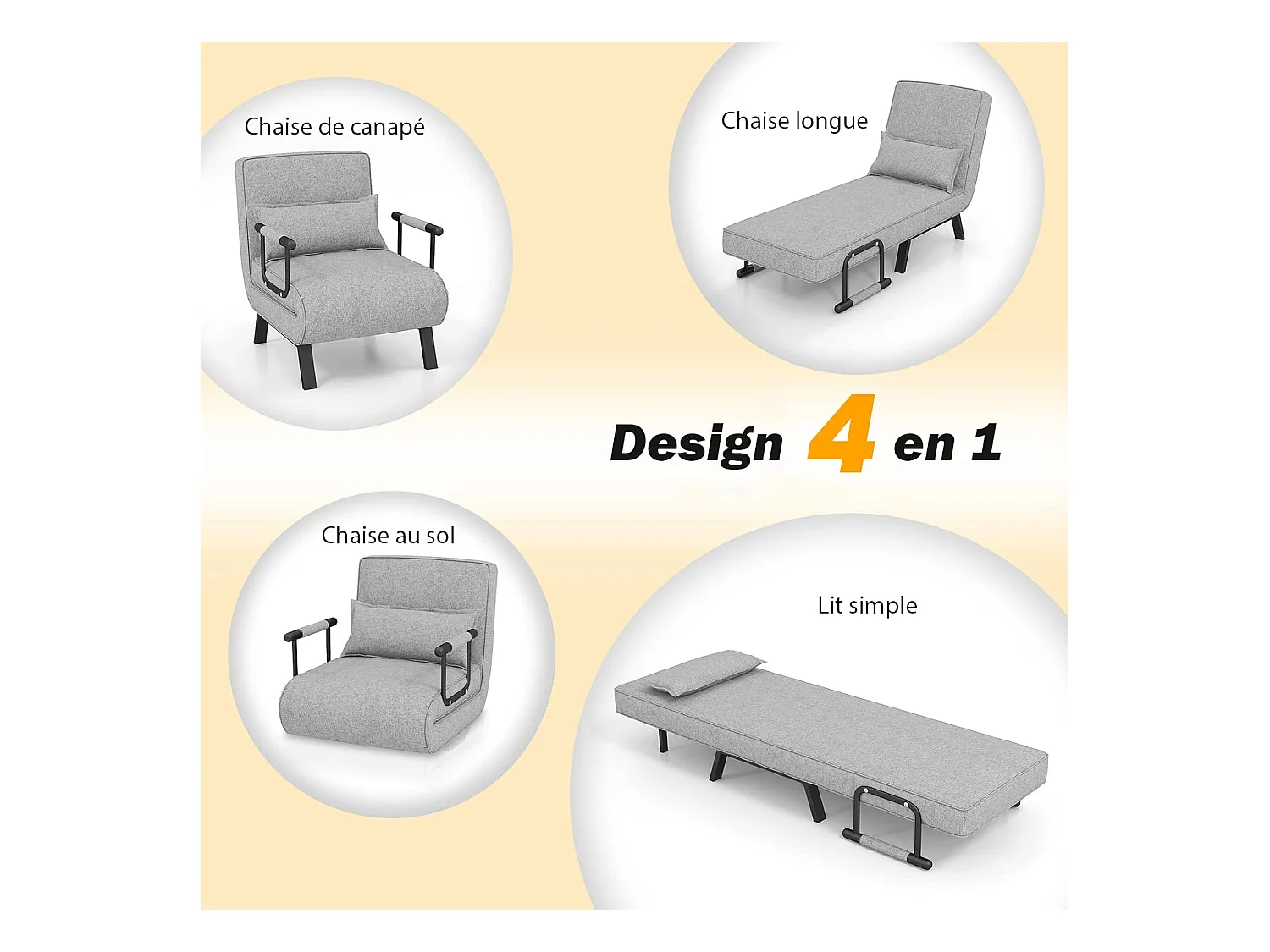 Fauteuil Convertible 1 Place, Chauffeuse 4-en-1 Dossier Réglable 6 Position, Oreiller, Siège Rembourré, Accoudoirs, Cadre Métal, Canapé-Lit Pliant, Gris clair