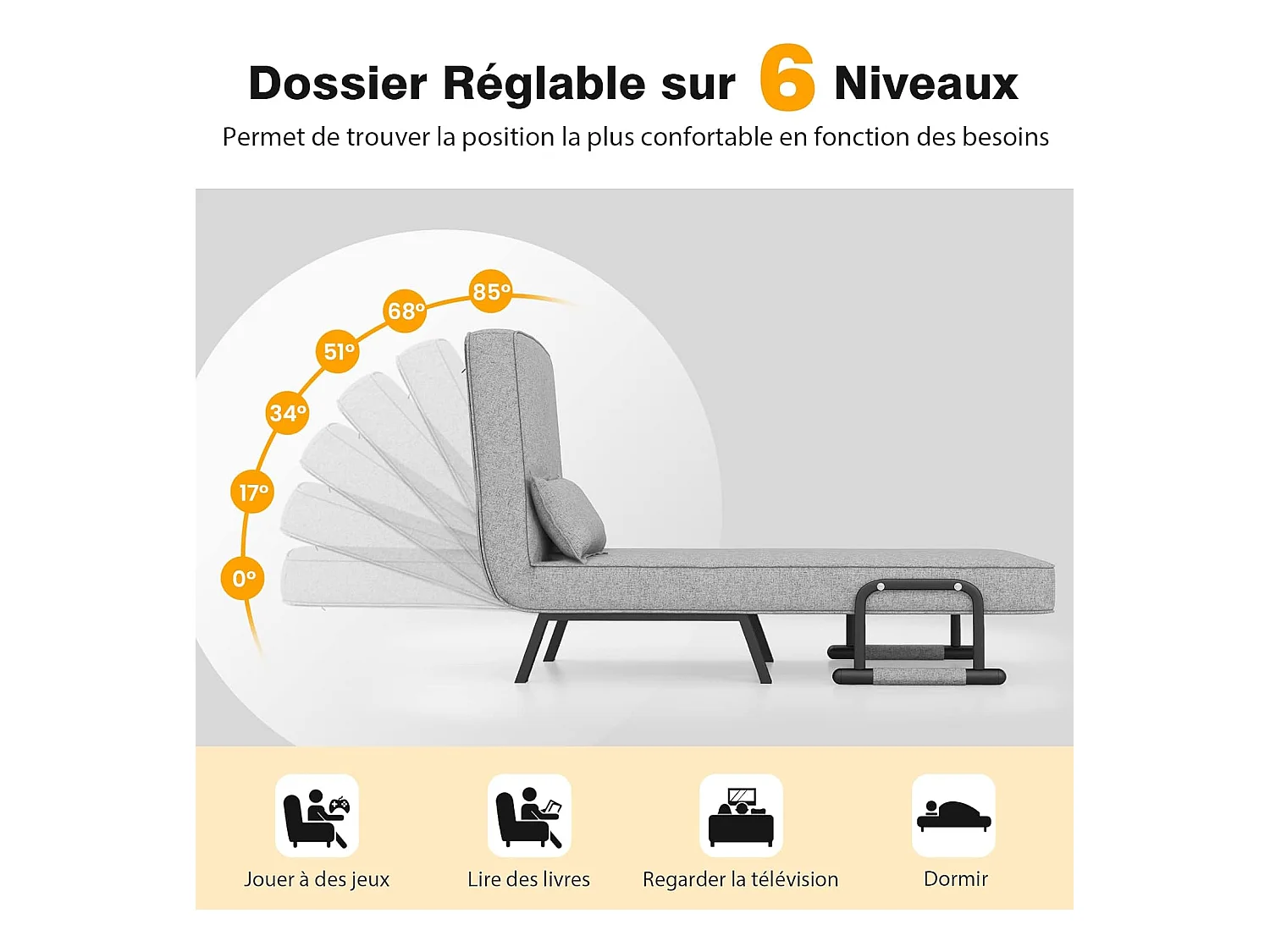 Fauteuil Convertible 1 Place, Chauffeuse 4-en-1 Dossier Réglable 6 Position, Oreiller, Siège Rembourré, Accoudoirs, Cadre Métal, Canapé-Lit Pliant, Gris clair