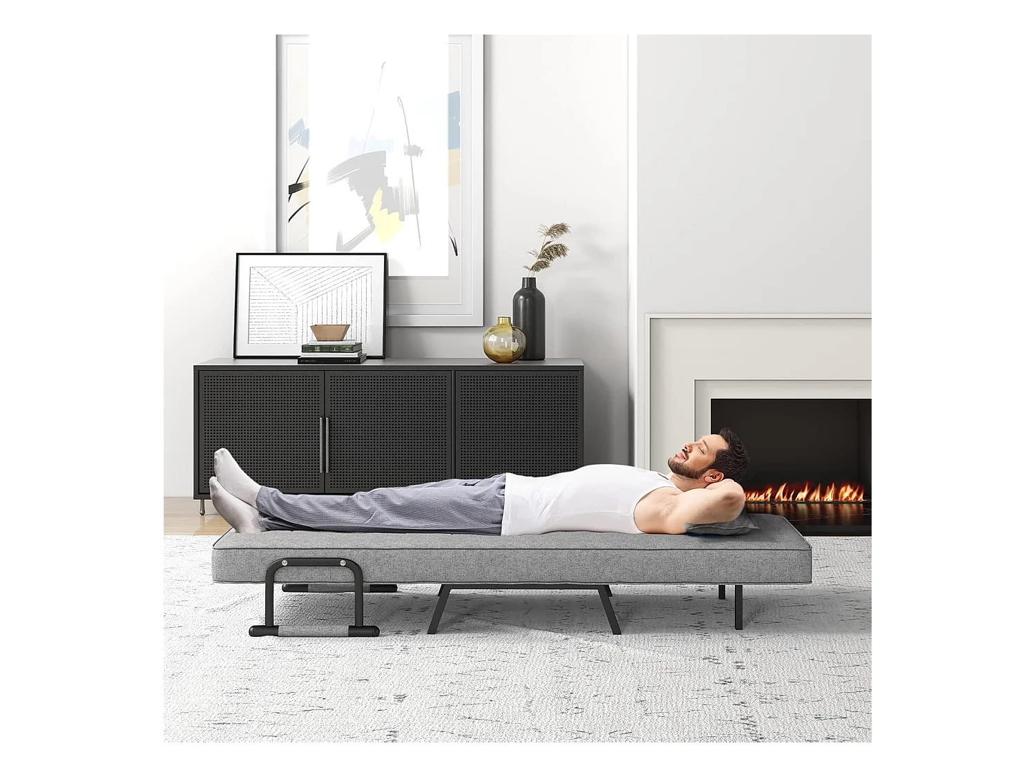 Fauteuil Convertible 1 Place, Chauffeuse 4-en-1 Dossier Réglable 6 Position, Oreiller, Siège Rembourré, Accoudoirs, Cadre Métal, Canapé-Lit Pliant, Gris clair