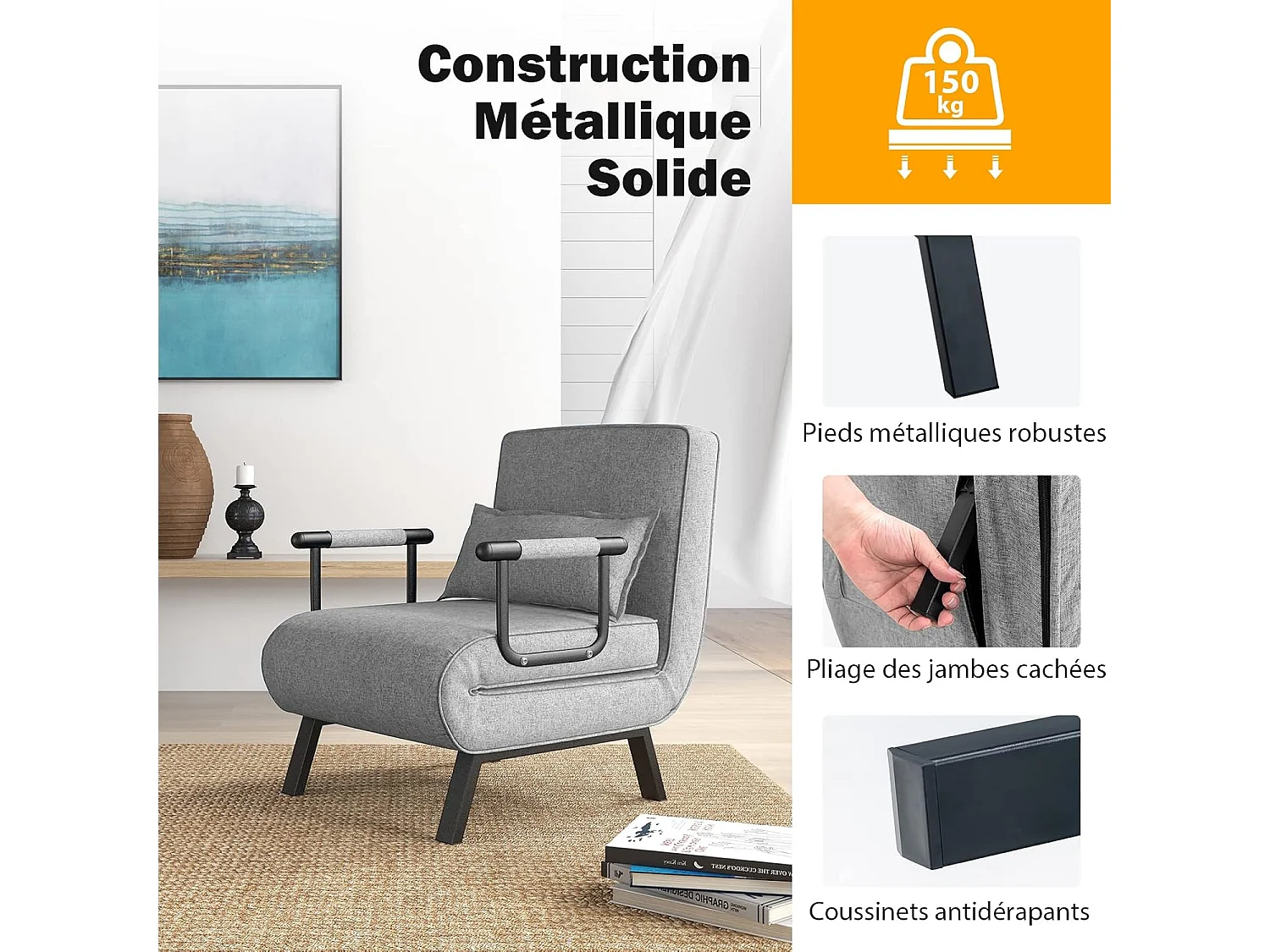 Fauteuil Convertible 1 Place, Chauffeuse 4-en-1 Dossier Réglable 6 Position, Oreiller, Siège Rembourré, Accoudoirs, Cadre Métal, Canapé-Lit Pliant, Gris clair